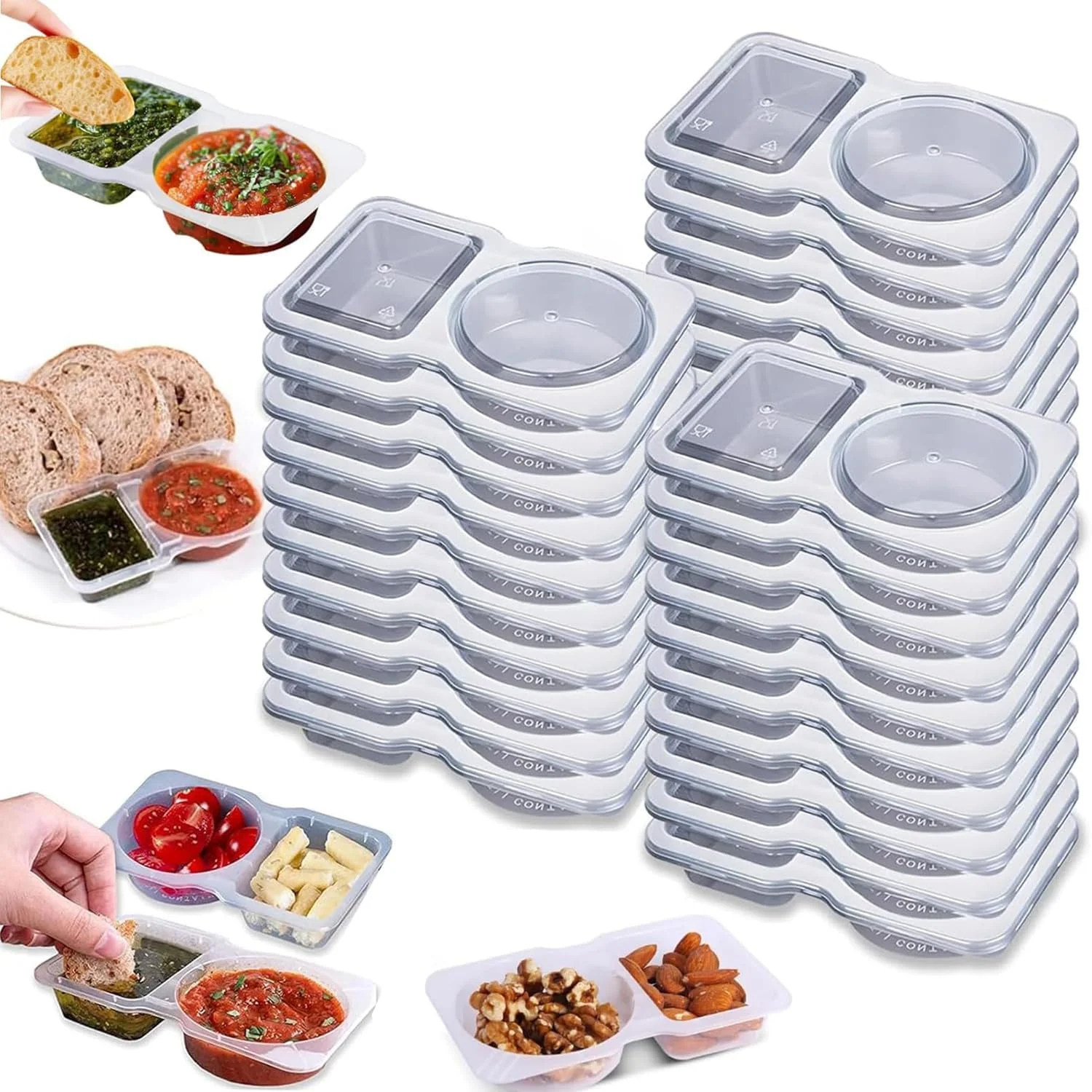 ظروف سس یکبار مصرف 130 میلی لیتری LCHYI®، بسته 12/32 عددی، فنجان های چاشنی پلاستیکی با درب، طراحی دو محفظه ای ضد نشت برای روغن، سرکه، سس فلفل - بدون BPA، قابل استفاده در مایکروویو (32 عدد)