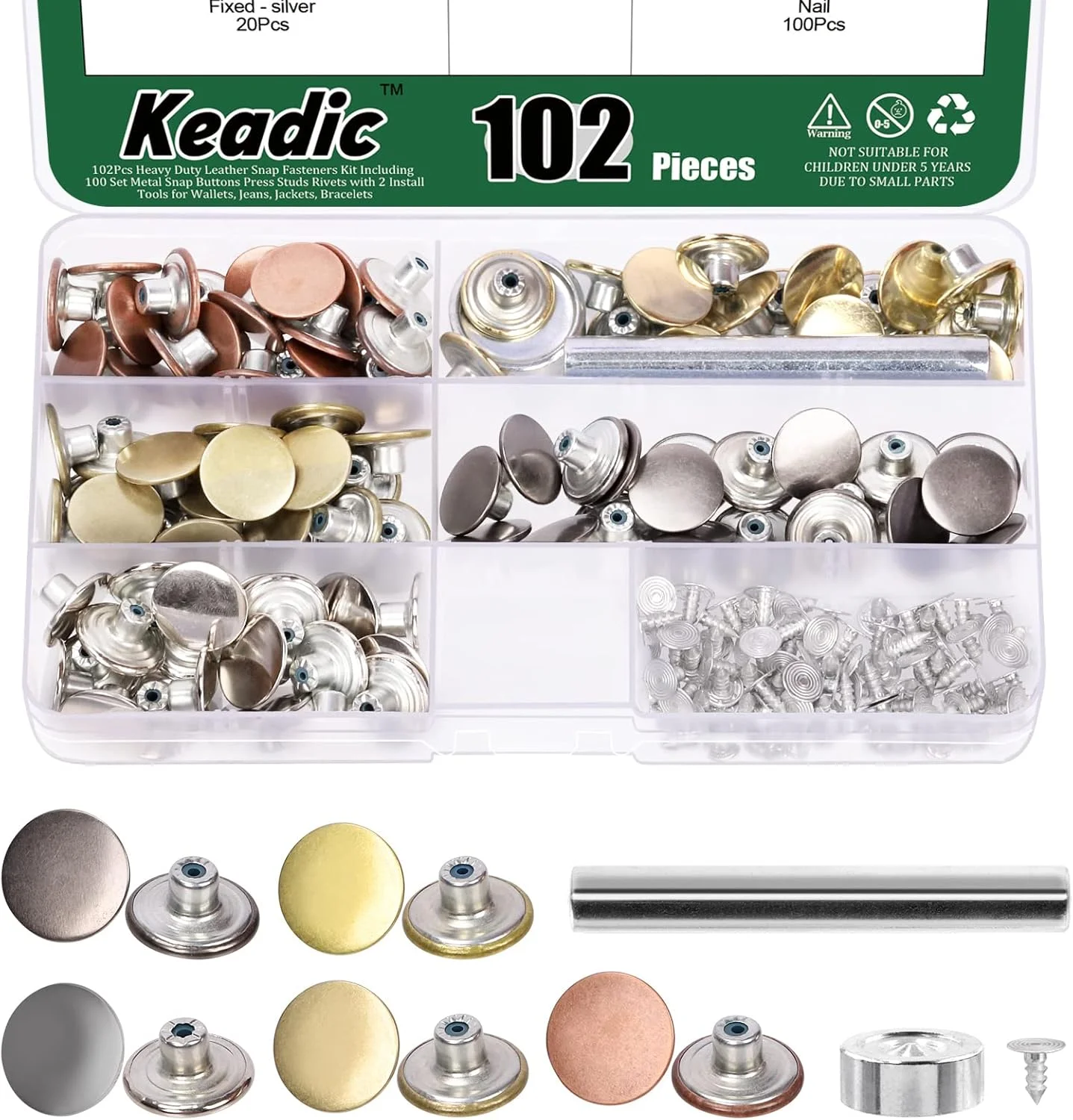 مجموعه 202 عددی دکمه های جایگزین شلوار جین بدون دوخت Keadic در 5 رنگ با پایه فلزی، دکمه های فلزی 17 میلی متری برای تعمیر و تعویض به همراه پرچ و بست فشاری برای شلوار جین، کت و کاپشن