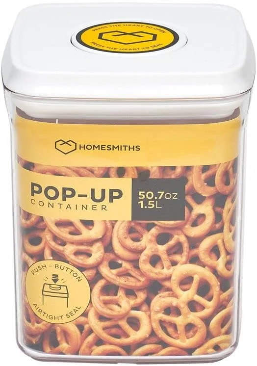 ظرف پاپ آپ مربع 1.5 لیتری هوم اسمیتس، سازمان دهنده آشپزخانه و انبار، قوطی پلاستیکی با درب بادوام، ایده آل برای غلات، آرد و شکر.