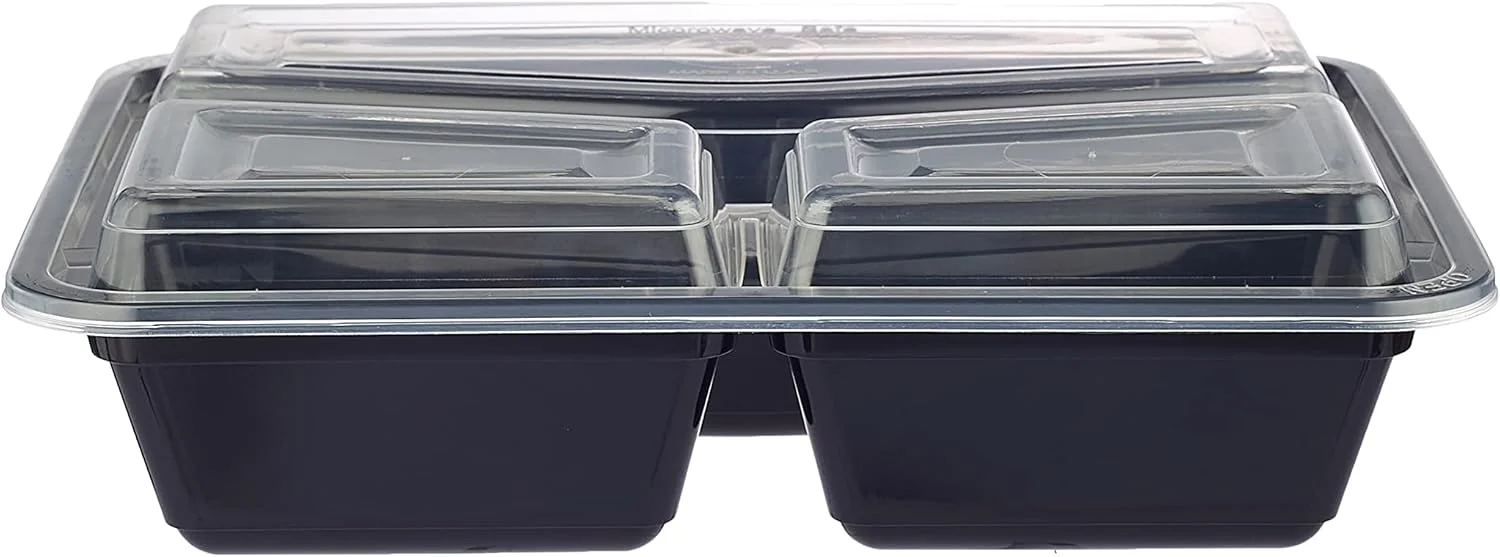 ظرف غذای یکبار مصرف قابل استفاده در مایکروویو هات پک، ظرف نگهداری غذا، ظرف بنتو با پایه مشکی 3 قسمتی مناسب آماده سازی غذا با درب، 5 عدد