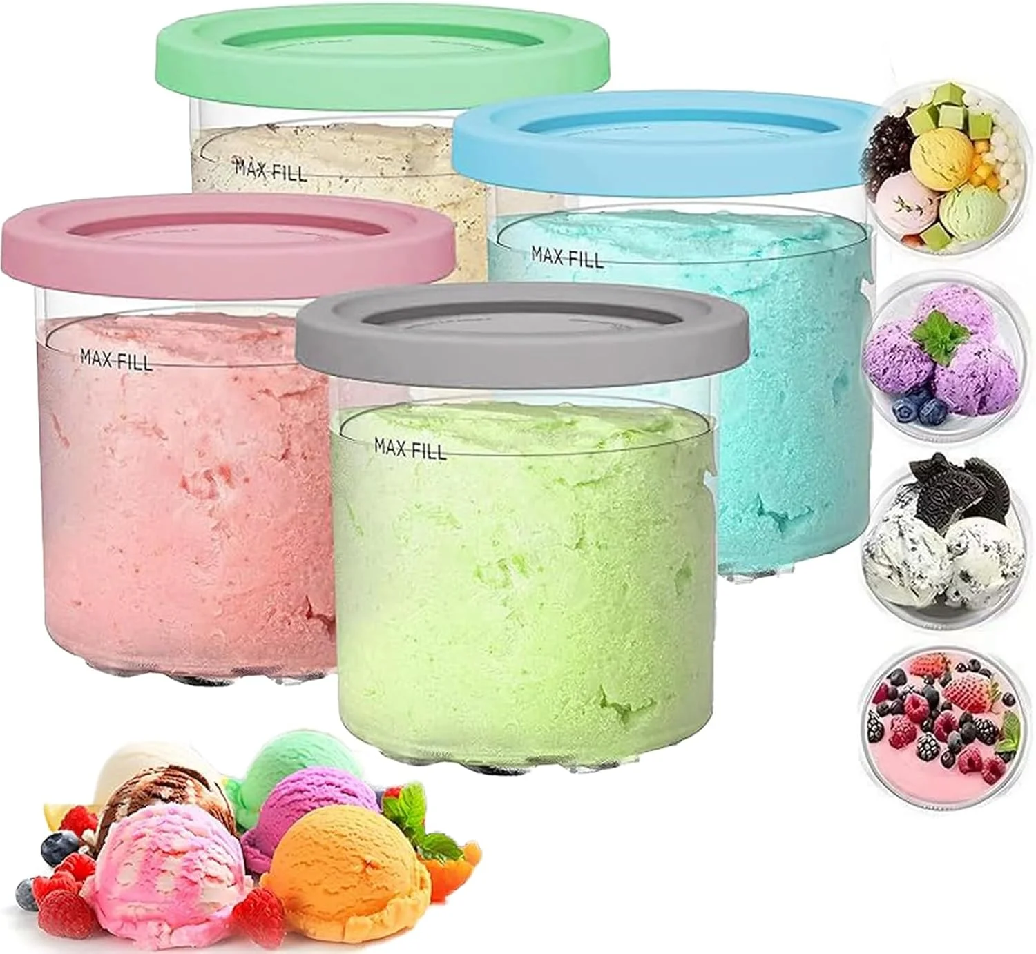 ظروف جایگزین 4 عددی HIHIDAY برای پیمانه و درب Ninja Creami، فنجان های 473 میلی لیتری سازگار با سری NC300 NC299 دستگاه بستنی ساز، فاقد BPA و قابل شستشو در ماشین ظرفشویی (سبز)