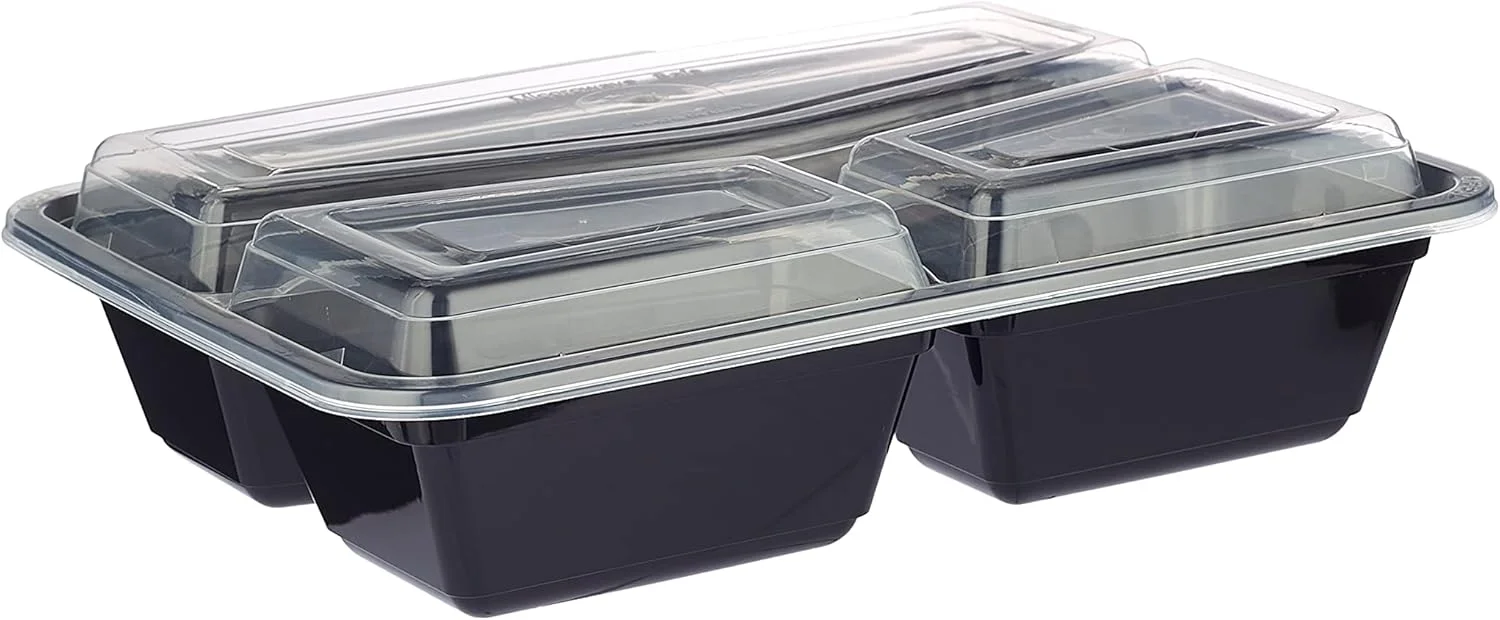 ظرف غذای یکبار مصرف قابل استفاده در مایکروویو هات پک، ظرف نگهداری غذا، ظرف بنتو با پایه مشکی 3 قسمتی مناسب آماده سازی غذا با درب، 5 عدد