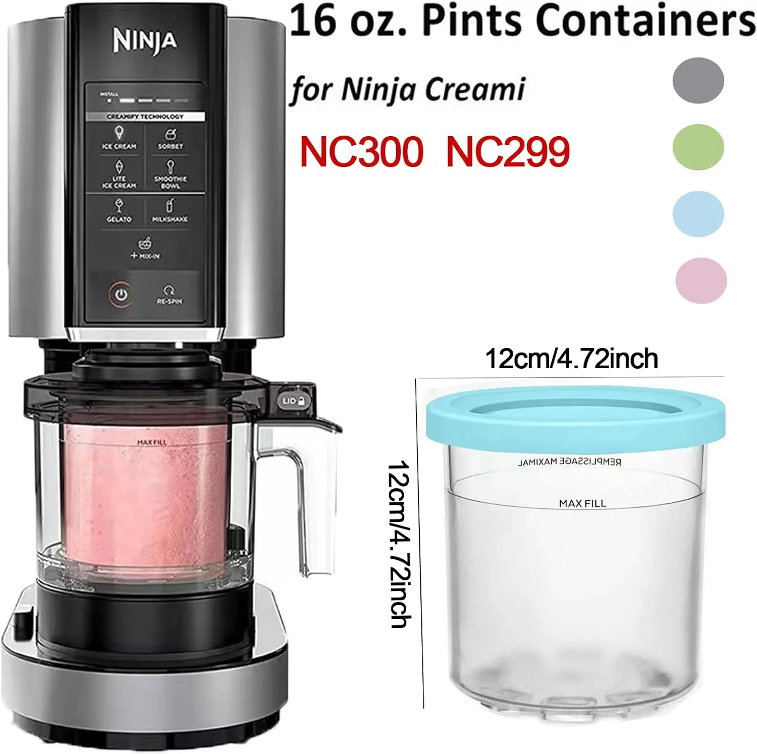 ظروف جایگزین 4 عددی HIHIDAY برای پیمانه و درب Ninja Creami، فنجان های 473 میلی لیتری سازگار با سری NC300 NC299 دستگاه بستنی ساز، فاقد BPA و قابل شستشو در ماشین ظرفشویی (سبز)