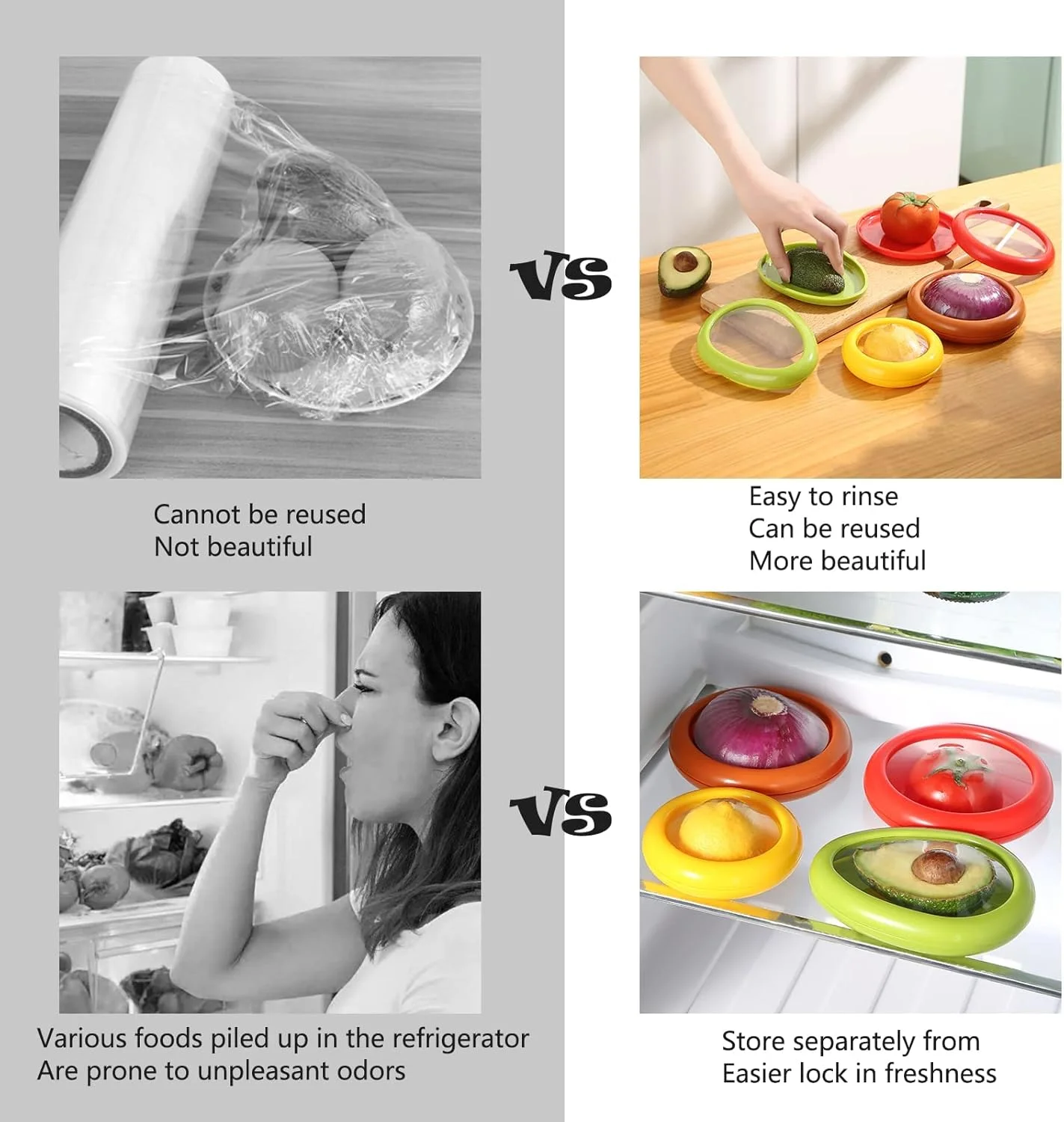 ظروف نگهداری مواد غذایی ELECDON برای یخچال، نگهدارنده مواد غذایی قابل استفاده مجدد برای گوجه فرنگی، پیاز، لیمو، ظرف نگهداری سبزیجات و میوه در یخچال (4 عدد)