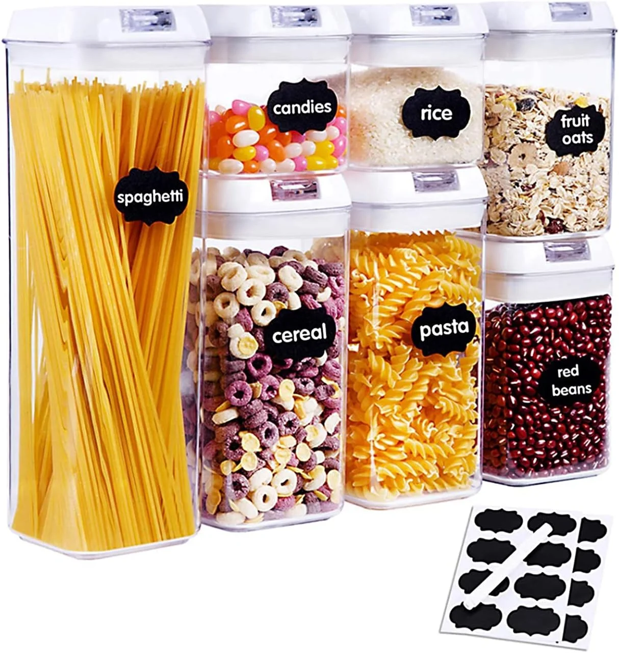 ظروف نگهداری مواد غذایی درب دار Reko، ست 7 عددی ظروف پلاستیکی نگهداری غلات با درب - برچسب/قلم - ظروف شفاف آشپزخانه و انبار بدون BPA برای مواد غذایی خشک، آرد، شکر، پاستا، غلات