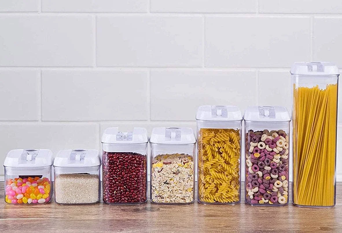 ظروف نگهداری مواد غذایی درب دار Reko، ست 7 عددی ظروف پلاستیکی نگهداری غلات با درب - برچسب/قلم - ظروف شفاف آشپزخانه و انبار بدون BPA برای مواد غذایی خشک، آرد، شکر، پاستا، غلات