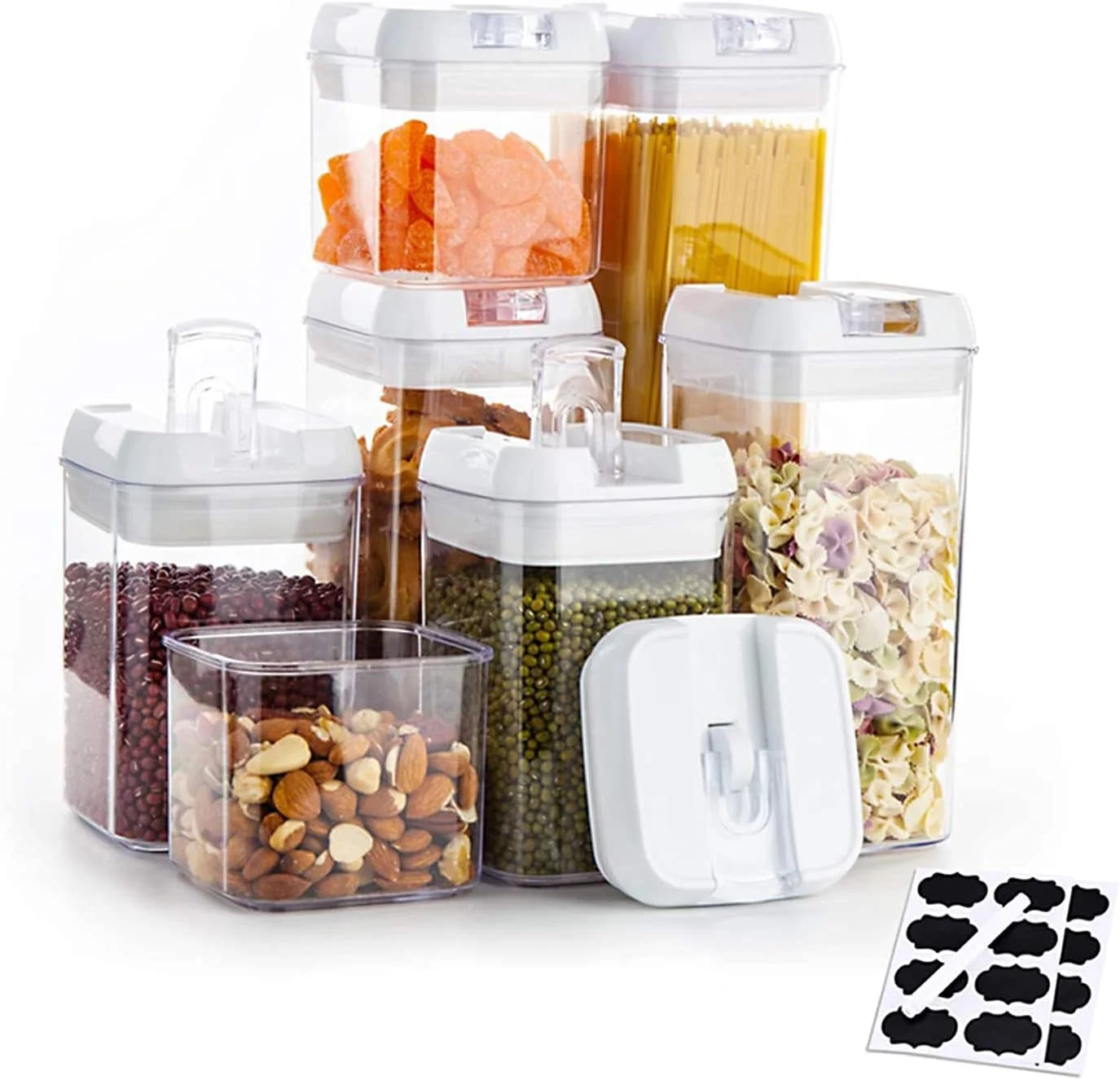 ظروف نگهداری مواد غذایی درب دار Reko، ست 7 عددی ظروف پلاستیکی نگهداری غلات با درب - برچسب/قلم - ظروف شفاف آشپزخانه و انبار بدون BPA برای مواد غذایی خشک، آرد، شکر، پاستا، غلات