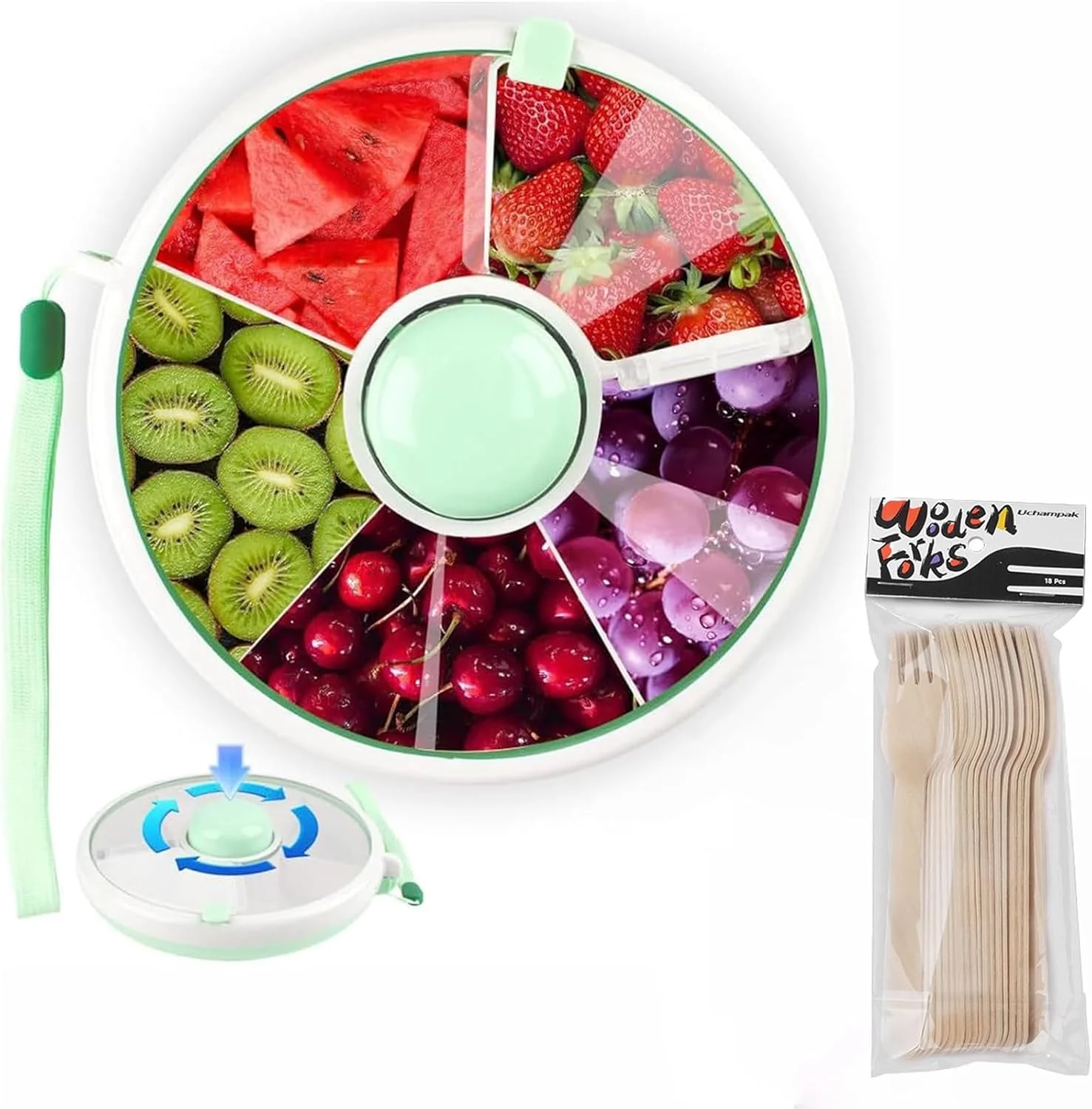 ظرف اسنک چرخان با درب و چنگال چوبی، پخش کننده 5 قسمتی ظرف غذای کودک ضد نشت، ضد ریزش، ظرف چرخان اسنک قابل استفاده مجدد با بند دستی، جعبه اسنک میوه و سبزیجات برای کودکان نوپا، مسافرت