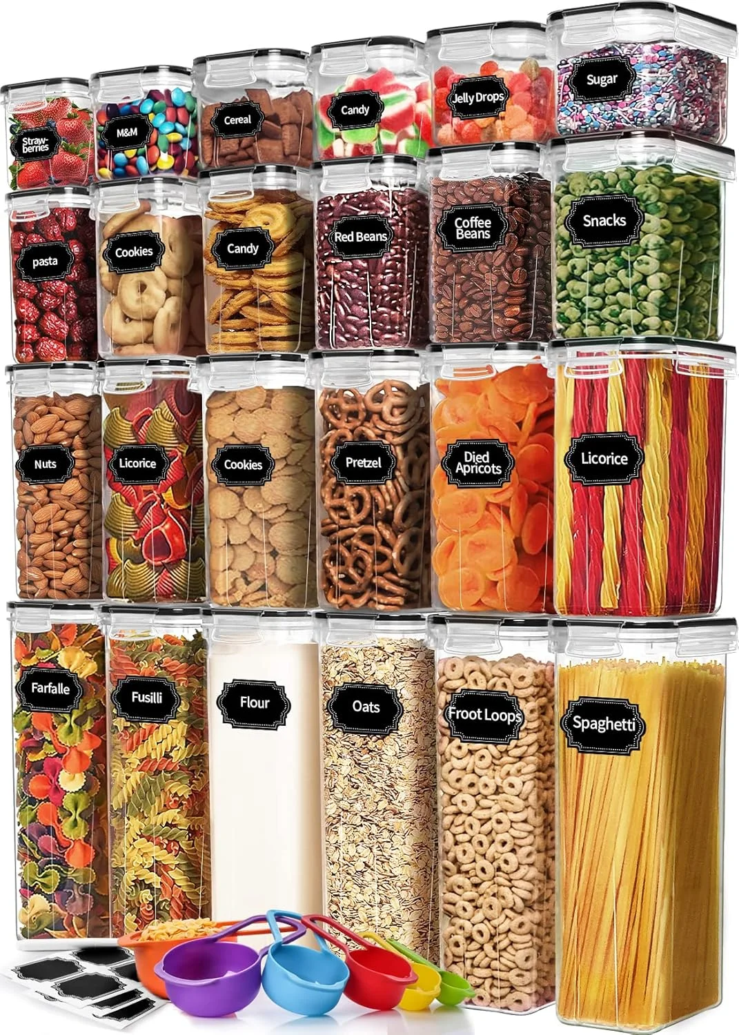 ست 24 عددی ظروف نگهداری مواد غذایی Skroam، ظروف آشپزخانه برای سازماندهی و نگهداری مواد غذایی در انبار، ست ظروف پلاستیکی برای غلات، پاستا، آرد و شکر - ست قاشق، برچسب و ماژیک