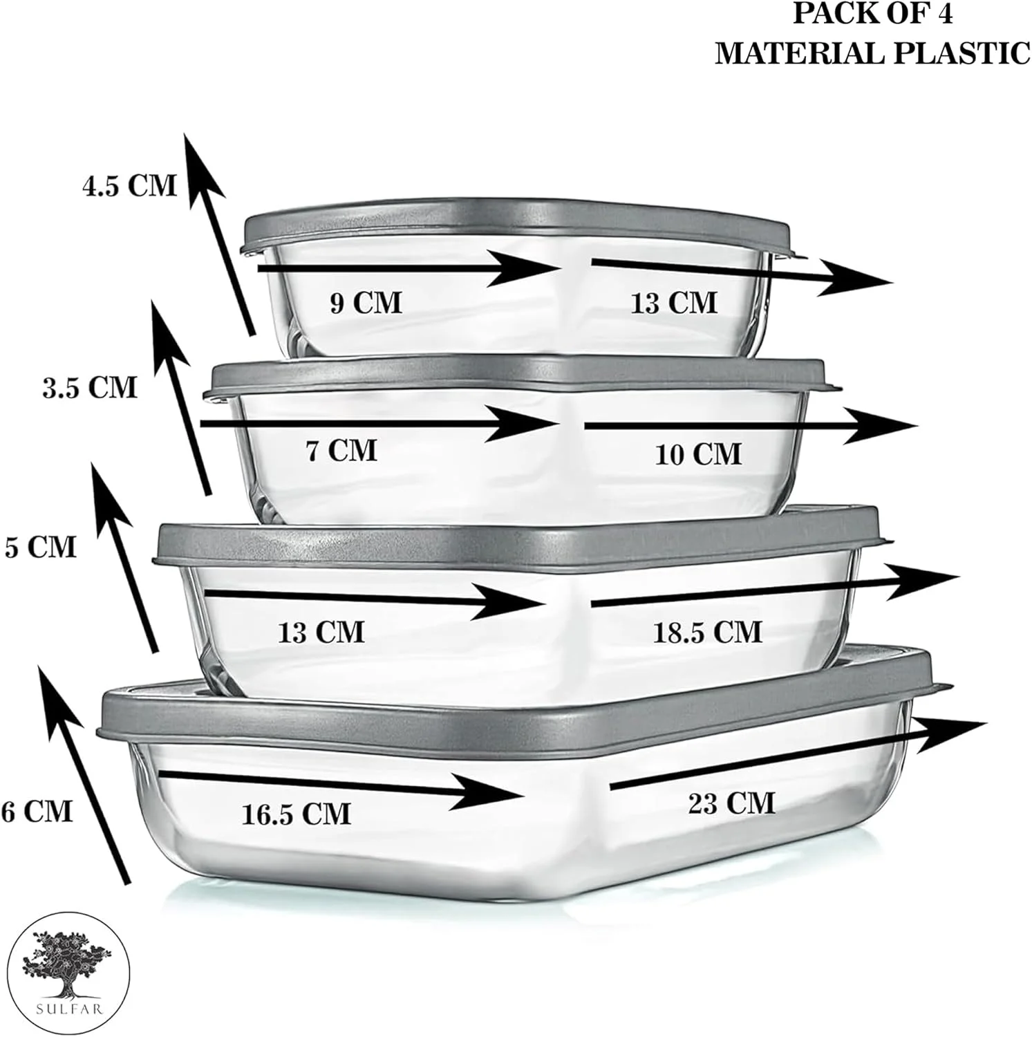 ظرف نگهداری مواد غذایی مستطیلی پلاستیکی سولفار با درب محکم، ظرف آشپزخانه، جعبه گوشت، جعبه های نگهداری یخچال و فریزر - 225 میلی لیتر، 325 میلی لیتر، 650 میلی لیتر، 1250 میلی لیتر، 4 عدد، شفاف (خاکستری)