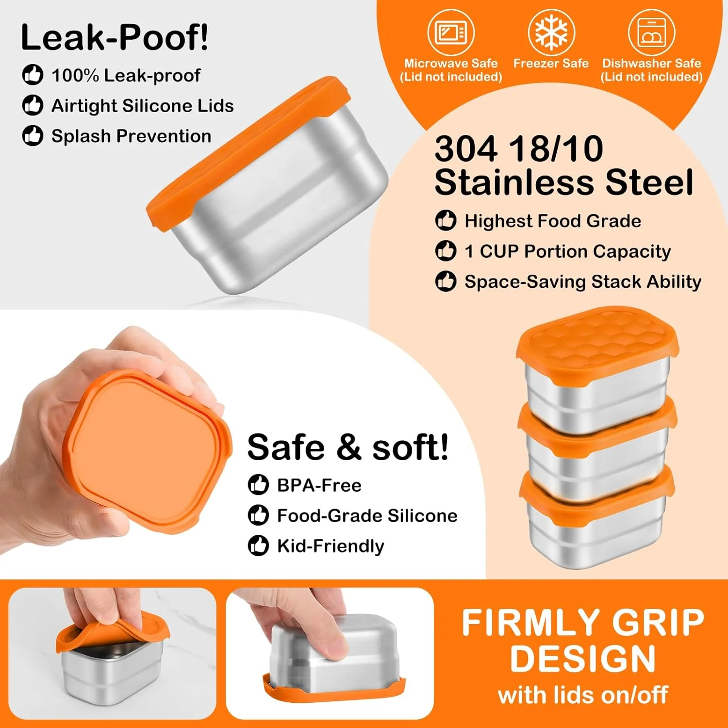 ظروف غذای استیل Leonyo 18/10 برای کودکان و نوزادان، ظروف ناهار 240 میلی لیتری با درب سیلیکونی، ظرف غذای فلزی کودک برای مهد کودک و مدرسه، باز کردن آسان و ضد نشت