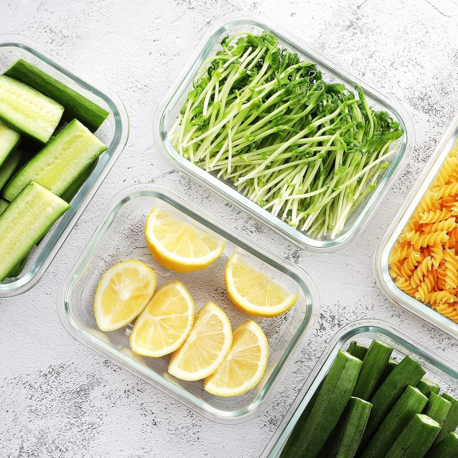 COOLBABY Izlaina® | ست 5 تایی، 1040 میلی لیتر | ظروف آماده سازی غذا شیشه ای، ظروف نگهداری غذا شیشه ای با درب، ظرف نگهداری غذا 100% ضد نشت، جعبه های ناهار شیشه ای، ظرف نگهداری فریزر