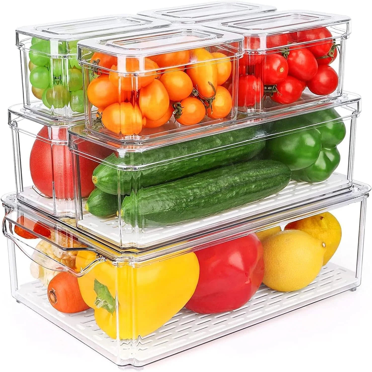 ست ۷ عددی ظروف نگهداری مواد غذایی پلاستیکی قابل چیدن در یخچال با درب، ظروف شفاف نگهداری مواد غذایی، جعبه های آماده سازی غذا برای سبزیجات، میوه ها، گوشت، فریزر و سازماندهی آشپزخانه