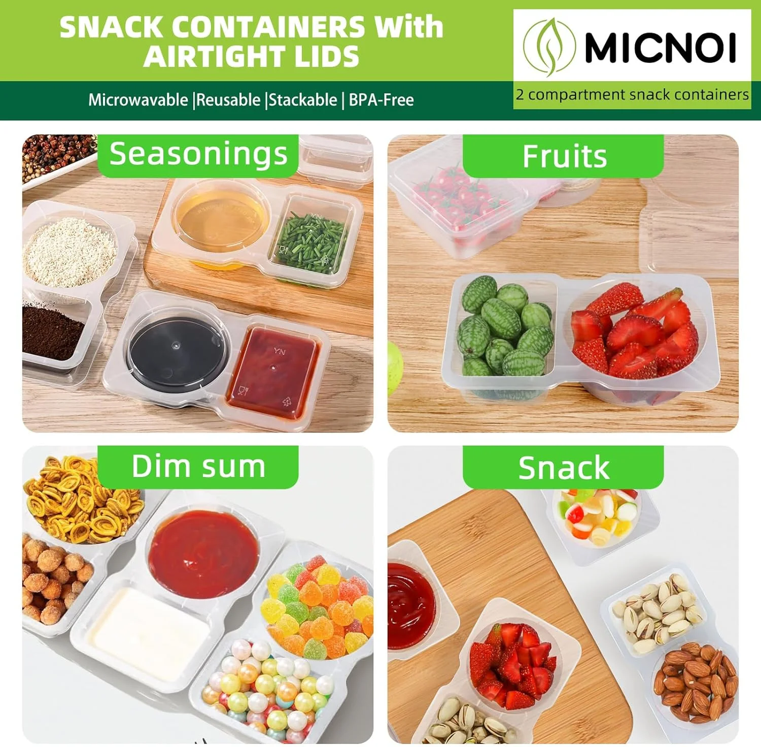 ظروف اسنک MICNOI برای کودکان، ظروف چاشنی یکبار مصرف 2 قسمتی با درب، جعبه سس کوچک قابل حمل، ظروف بسته بندی اسنک ناهار شفاف جداگانه برای بزرگسالان، بسته 20 عددی