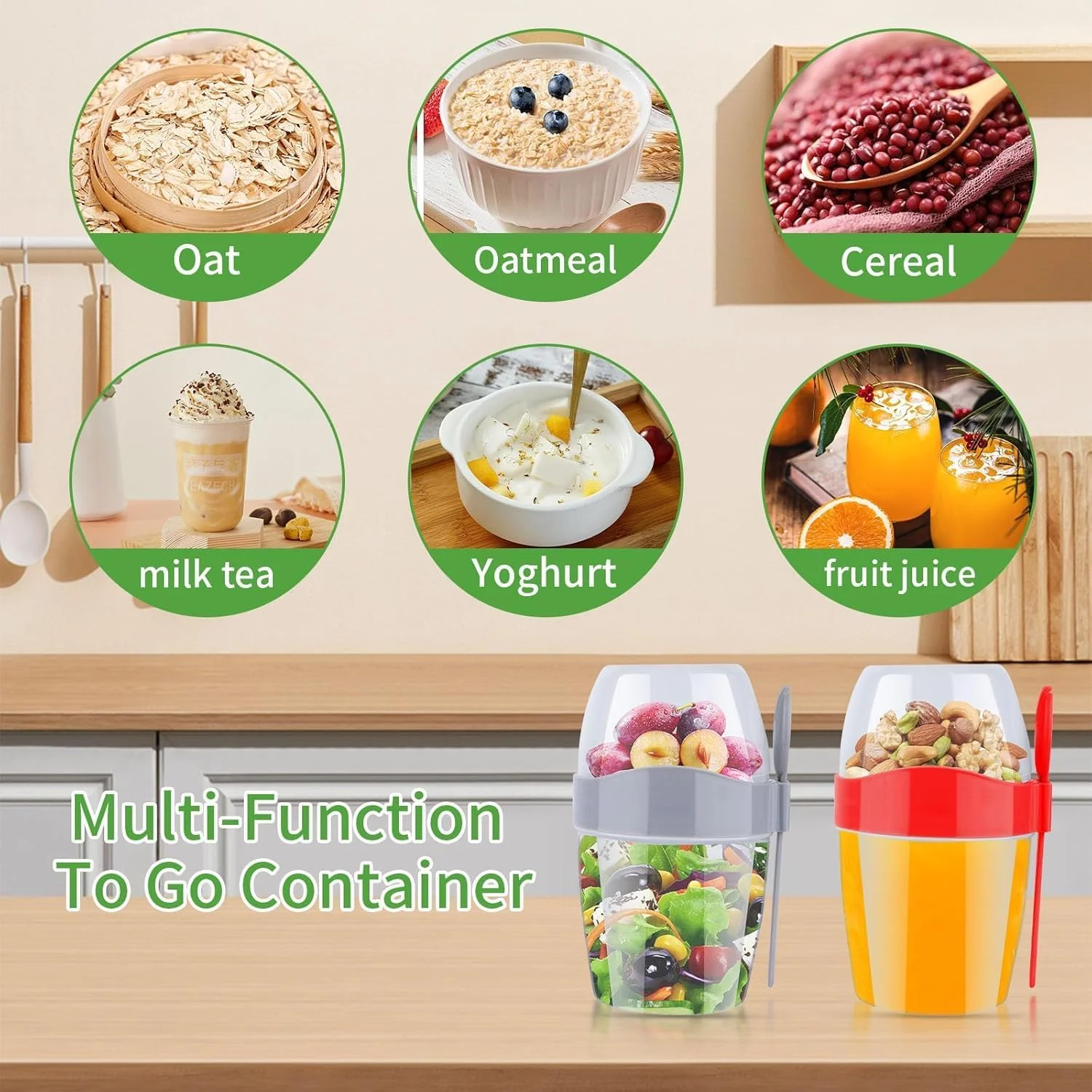 ظرف جو دوسر یک شبه قابل استفاده مجدد 870 میلی لیتری با درب، 2 عدد ظرف ماست با درب، فنجان های ماست غلات صبحانه با قاشق چنگال برای سالاد میوه گرانولا شیر فرنی