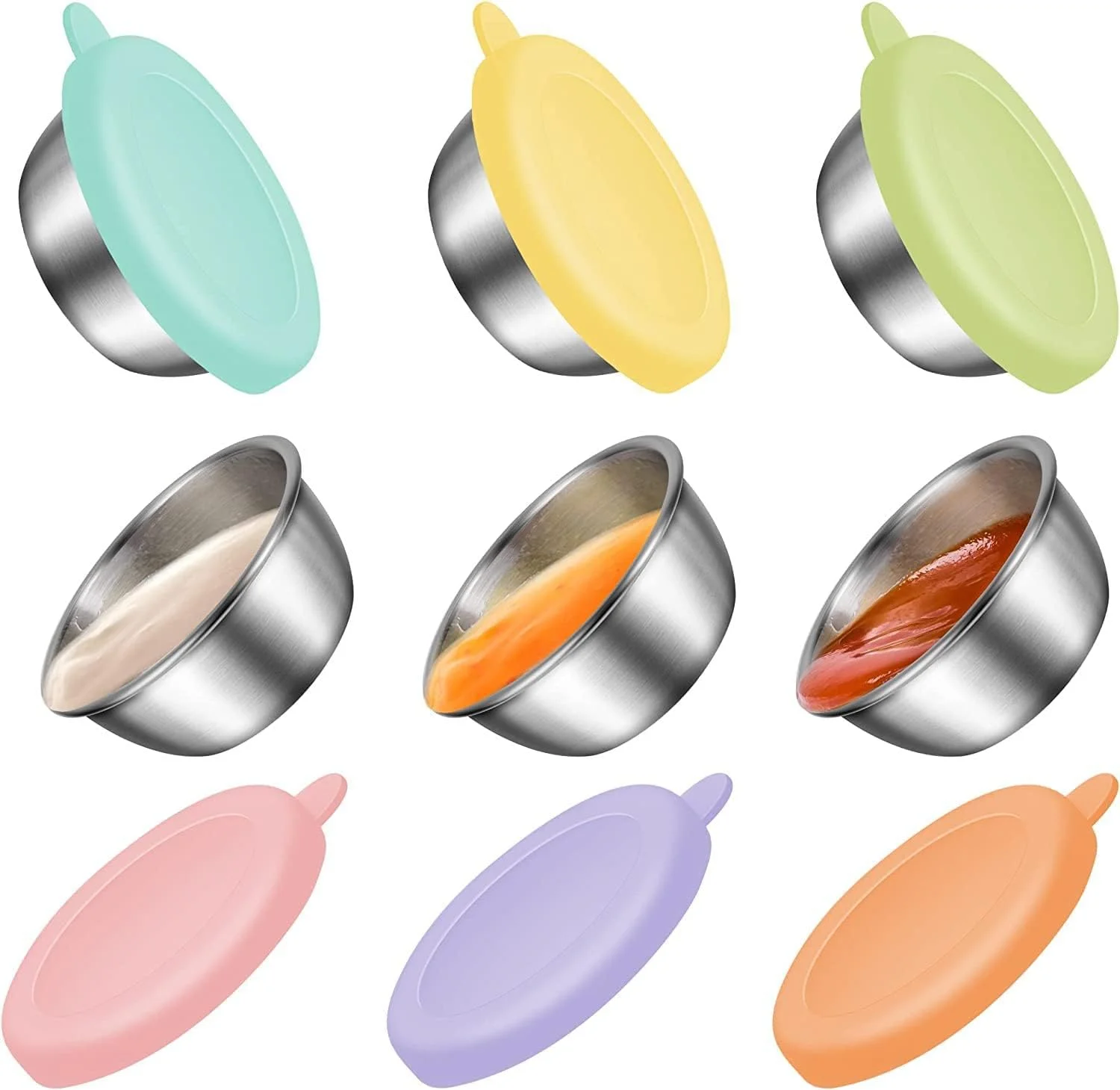 ظرف سس سالاد 6 عددی برای بیرون بر، 6 عدد ظرف چاشنی کوچک قابل استفاده مجدد 47 میلی لیتری با درب، فنجان چاشنی استیل ضد زنگ 18/8، سیلیکون ممتاز، باز کردن آسان، فنجان های سس غوطه وری با درب های سیلیکونی ممتاز