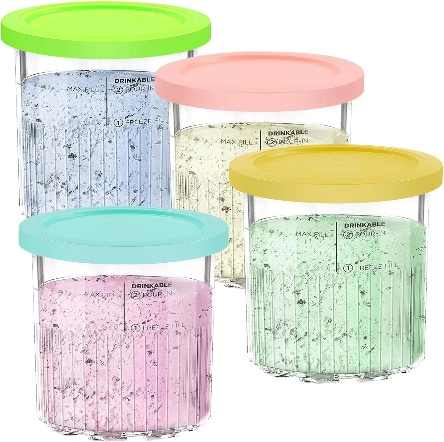 ظروف جایگزین Paporich برای پیمانه ها و درب های Ninja Cream Deluxe، پیمانه های دستگاه بستنی ساز سازگار با سری Ninja NC501 NC500، ضد نشت - رنگ های متنوع (بسته 4 عددی، 24OZ)