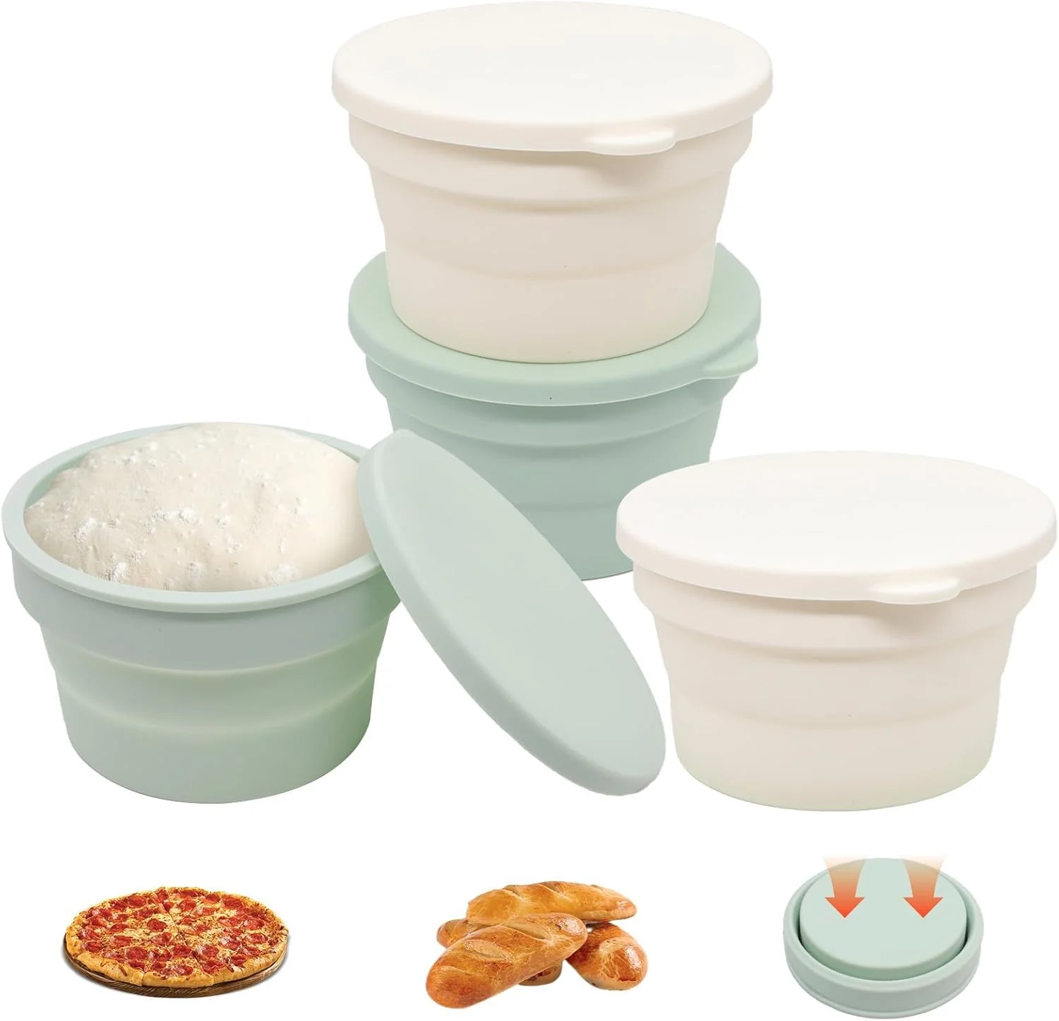 جعبه خمیر پیتزا 4 عددی - ظروف نگهداری پیتزا سیلیکونی قابل انباشت با درب، لوازم کوچک پخت نان، کاسه کمپینگ قابل استفاده مجدد، لوازم جانبی پیتزا برای آشپزخانه