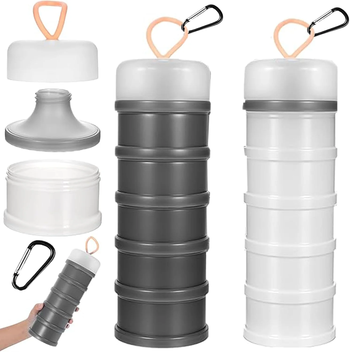 ظرف پودر پروتئین HIHIDAY، شامل 2 عدد با قیف و پایه، 4 محفظه پودر پروتئین قابل انباشت و ضد نشت، ظرف جاکلیدی قابل حمل برای تمرین، تناسب اندام، مسافرت (خاکستری، سفید)