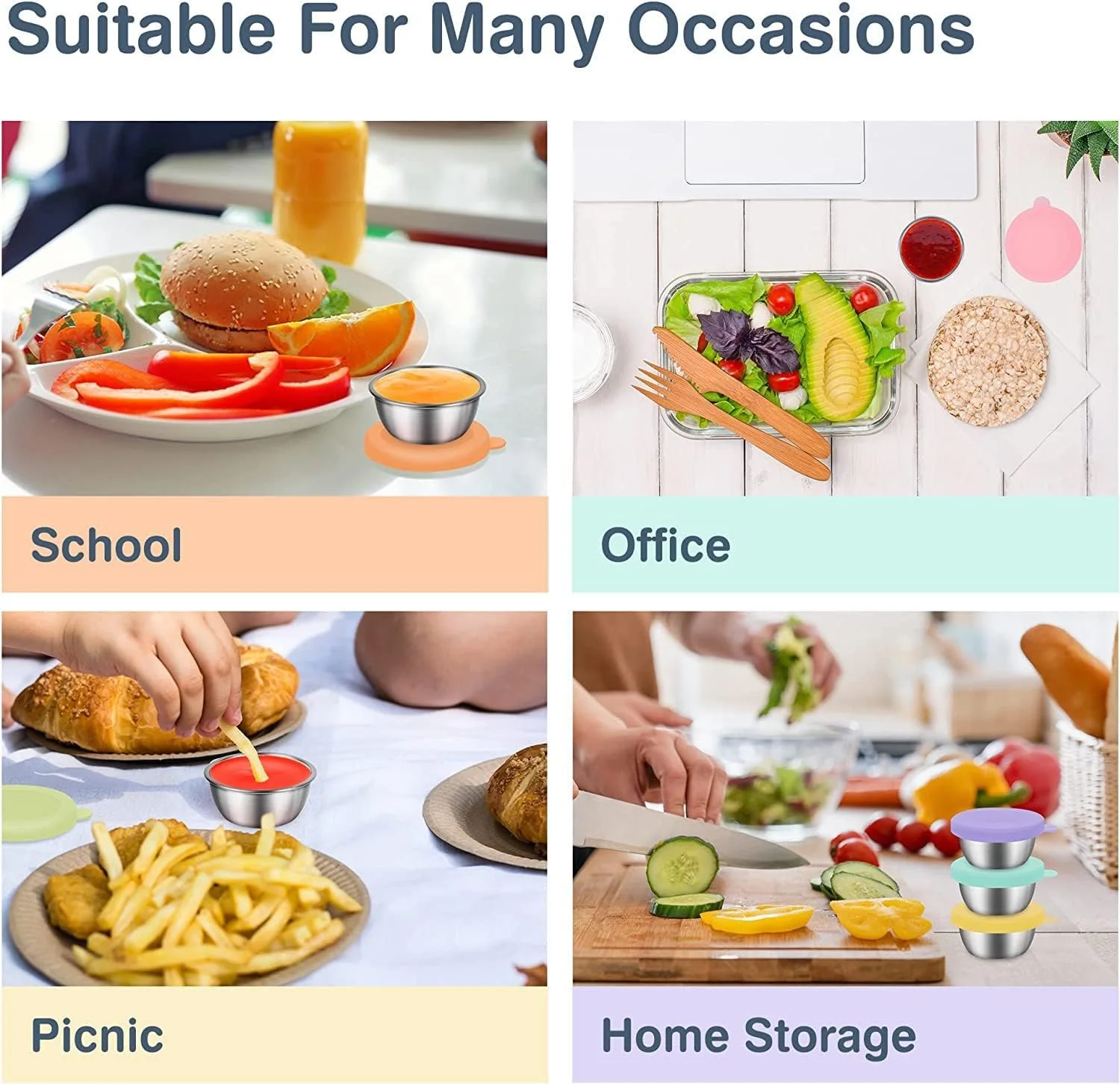 ظرف سس سالاد 6 عددی برای بیرون بر، 6 عدد ظرف چاشنی کوچک قابل استفاده مجدد 47 میلی لیتری با درب، فنجان چاشنی استیل ضد زنگ 18/8، سیلیکون ممتاز، باز کردن آسان، فنجان های سس غوطه وری با درب های سیلیکونی ممتاز