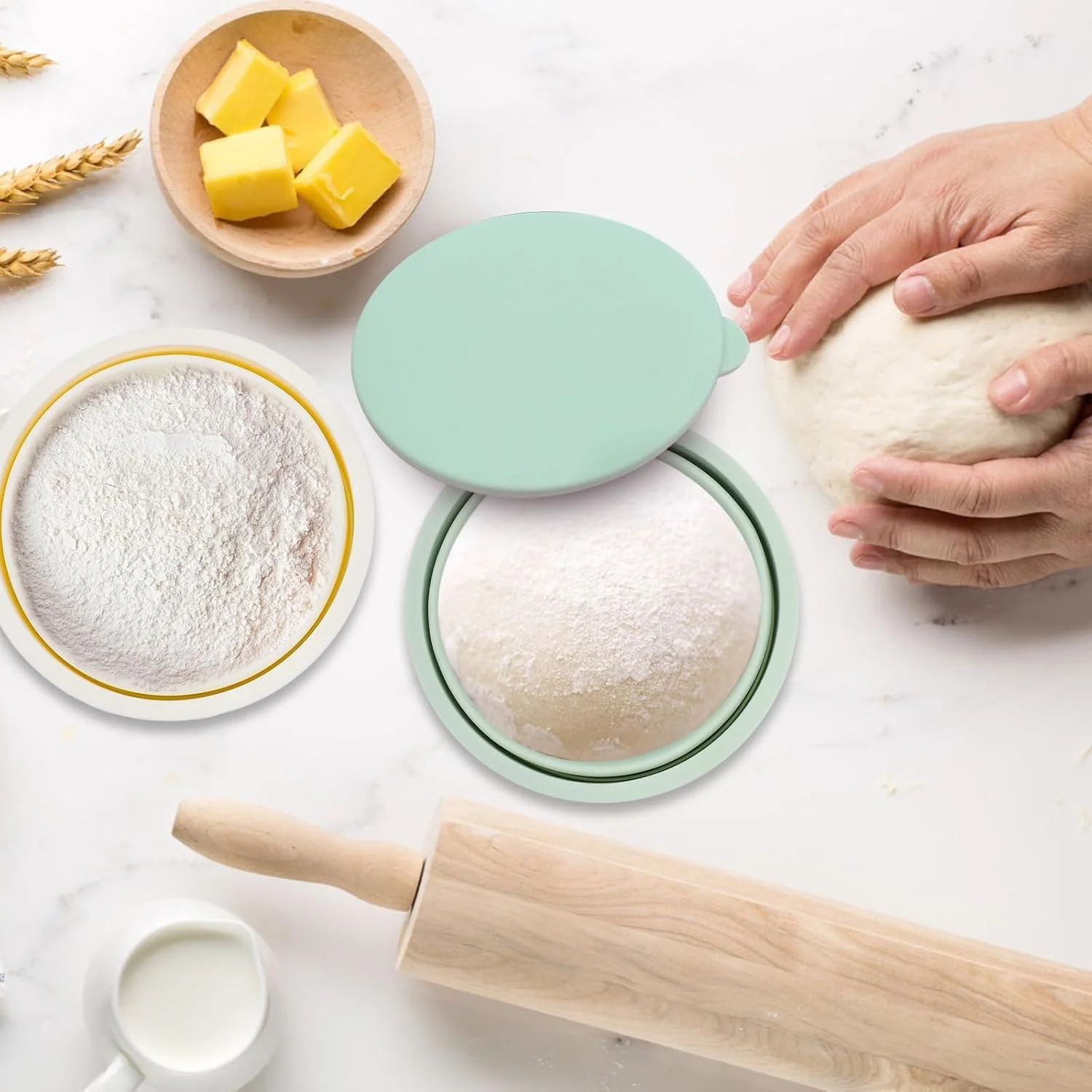 جعبه خمیر پیتزا 4 عددی - ظروف نگهداری پیتزا سیلیکونی قابل انباشت با درب، لوازم کوچک پخت نان، کاسه کمپینگ قابل استفاده مجدد، لوازم جانبی پیتزا برای آشپزخانه