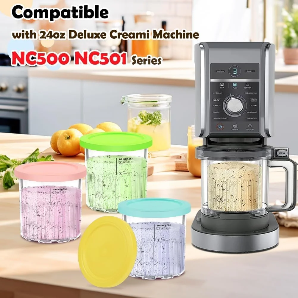 ظروف جایگزین Paporich برای پیمانه ها و درب های Ninja Cream Deluxe، پیمانه های دستگاه بستنی ساز سازگار با سری Ninja NC501 NC500، ضد نشت - رنگ های متنوع (بسته 4 عددی، 24OZ)