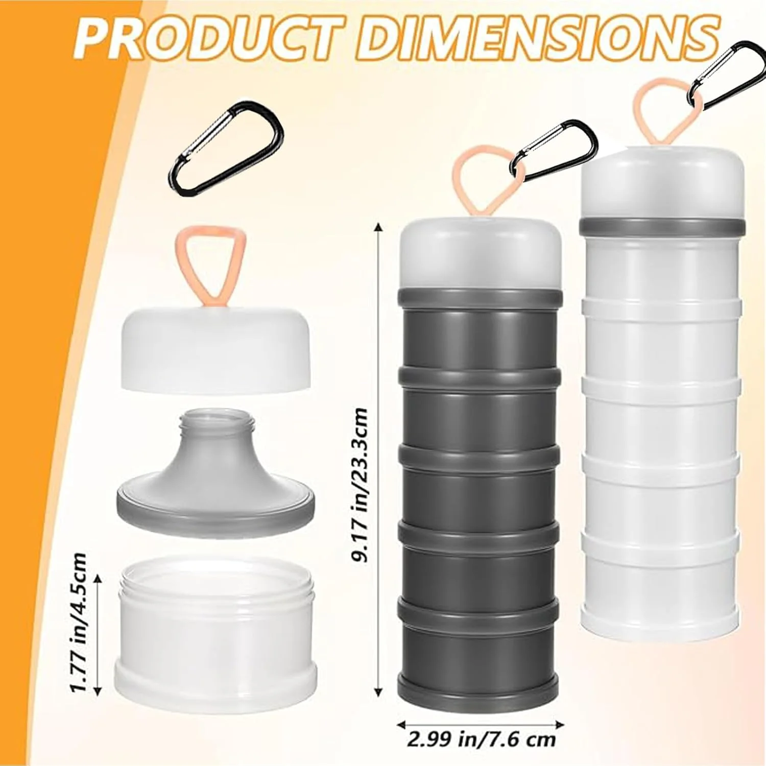 ظرف پودر پروتئین HIHIDAY، شامل 2 عدد با قیف و پایه، 4 محفظه پودر پروتئین قابل انباشت و ضد نشت، ظرف جاکلیدی قابل حمل برای تمرین، تناسب اندام، مسافرت (خاکستری، سفید)