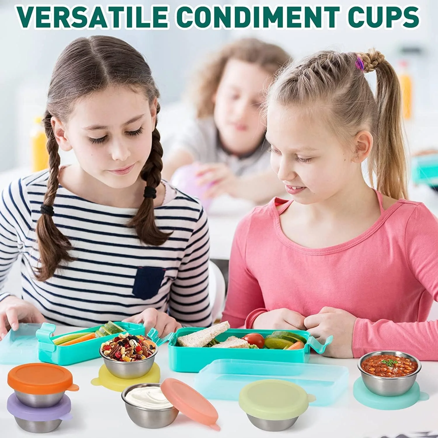 ظرف سس سالاد 6 عددی برای بیرون بر، 6 عدد ظرف چاشنی کوچک قابل استفاده مجدد 47 میلی لیتری با درب، فنجان چاشنی استیل ضد زنگ 18/8، سیلیکون ممتاز، باز کردن آسان، فنجان های سس غوطه وری با درب های سیلیکونی ممتاز