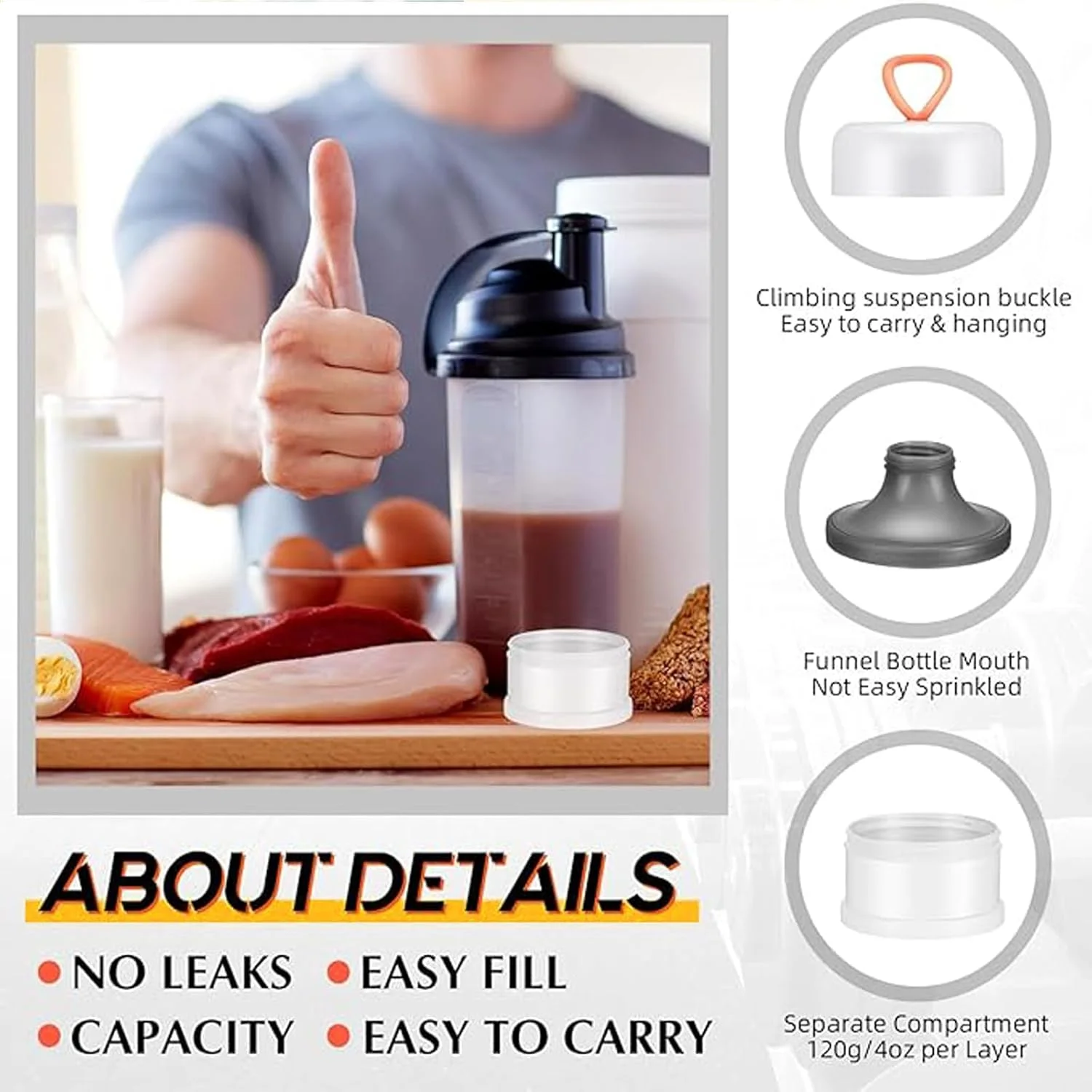 ظرف پودر پروتئین HIHIDAY، شامل 2 عدد با قیف و پایه، 4 محفظه پودر پروتئین قابل انباشت و ضد نشت، ظرف جاکلیدی قابل حمل برای تمرین، تناسب اندام، مسافرت (خاکستری، سفید)