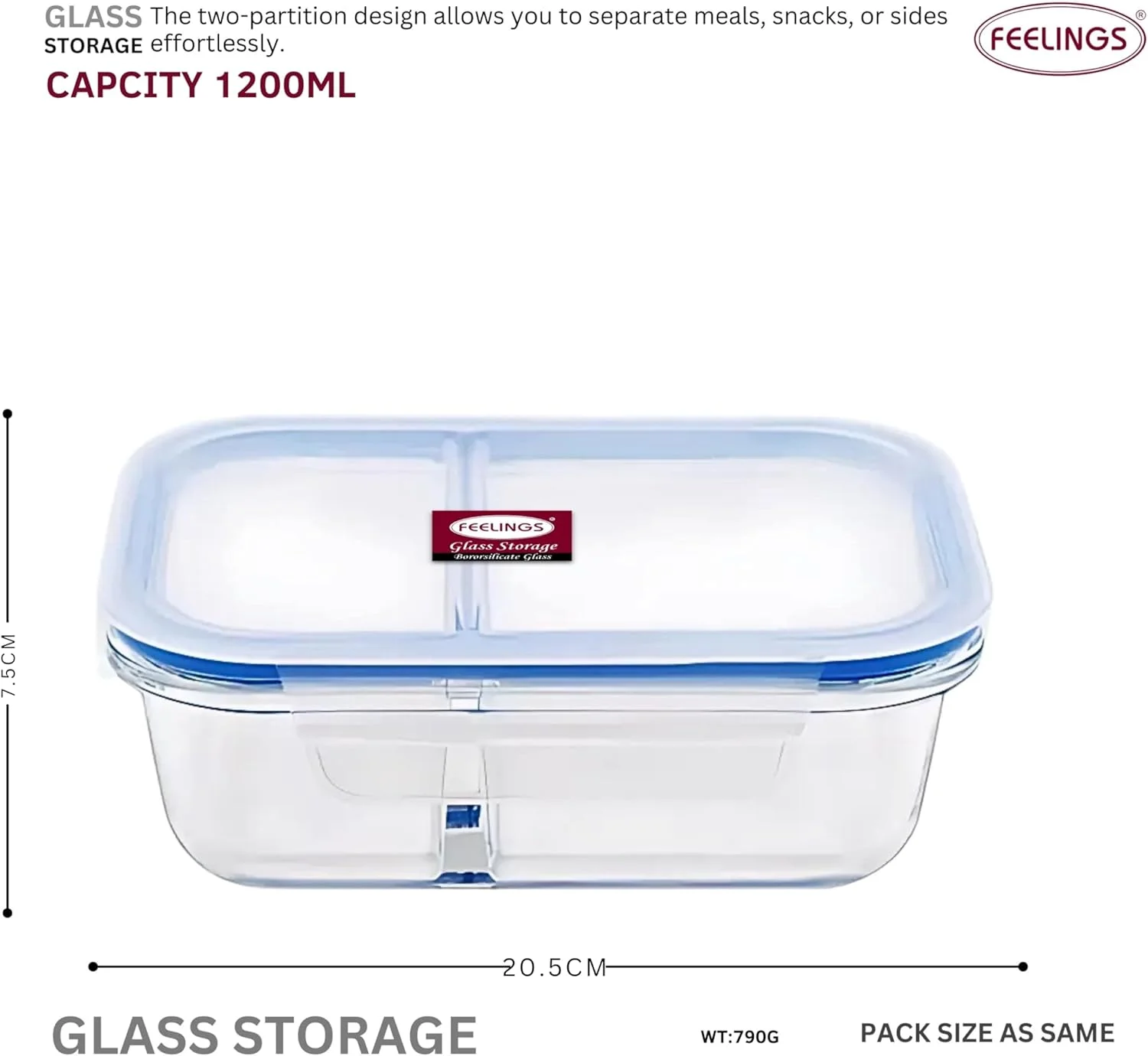 ظرف شیشه ای ذخیره سازی FEELINGS با حجم 1200 میلی لیتر به همراه جداکننده - مناسب برای مایکروویو و ظرف غذای چند قسمتی و ضد هوا (آبی)