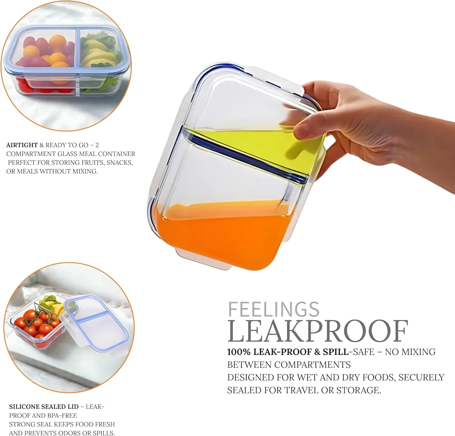 ظرف شیشه ای ذخیره سازی FEELINGS با حجم 1200 میلی لیتر به همراه جداکننده - مناسب برای مایکروویو و ظرف غذای چند قسمتی و ضد هوا (آبی)