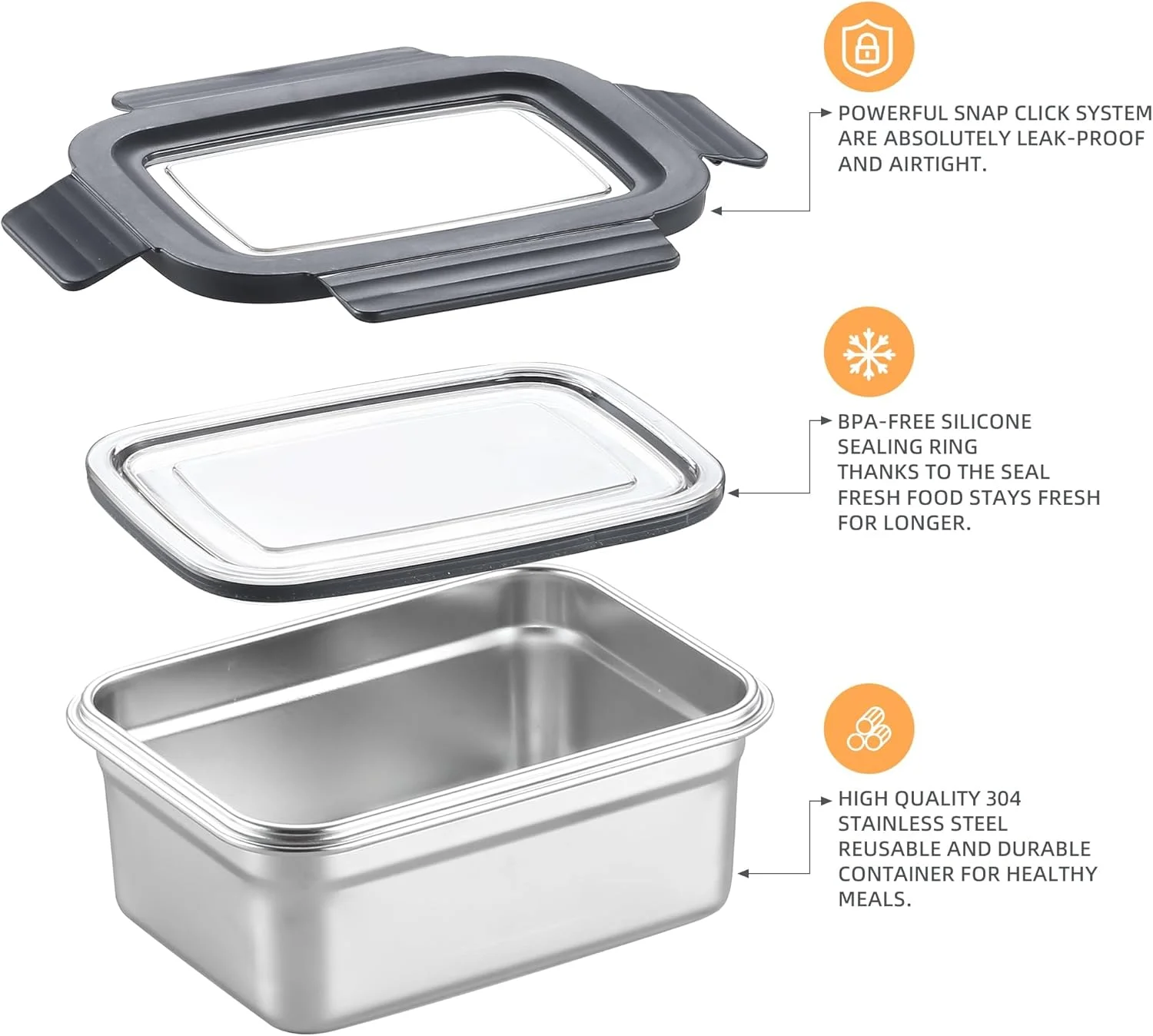 ظرف نگهداری غذا با درب، مستطیلی استیل ضد زنگ، ضد نشت و هوا برای آماده سازی وعده های غذایی در آشپزخانه، قابل استفاده مجدد و چیده شدن در فریزر، یخچال و فر (650 میلی لیتر * 3)