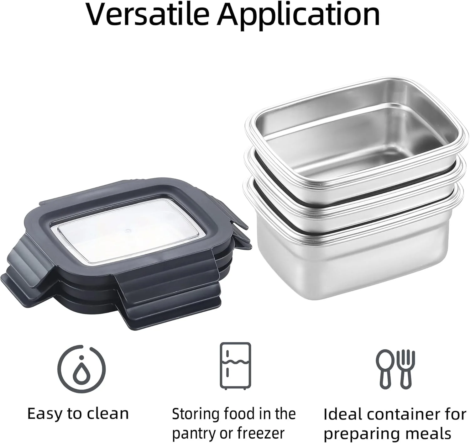 ظرف نگهداری غذا با درب، مستطیلی استیل ضد زنگ، ضد نشت و هوا برای آماده سازی وعده های غذایی در آشپزخانه، قابل استفاده مجدد و چیده شدن در فریزر، یخچال و فر (650 میلی لیتر * 3)
