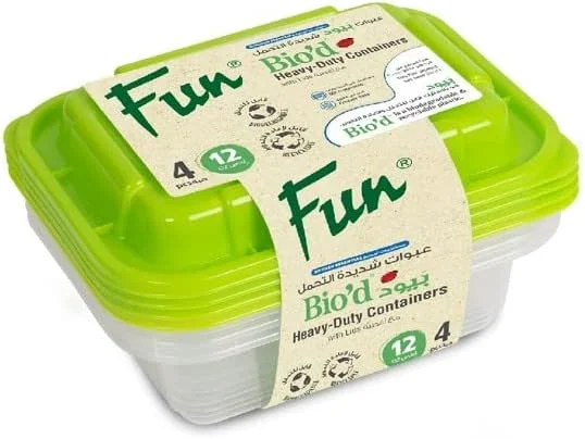 ظرف مستطیلی شفاف تجزیه‌پذیر FUN BY AL BAYADER فن با درب سبز 12oz، قابل استفاده در فریزر، فر و ماشین ظرفشویی، تک قسمتی، ظروف نگهداری غذا (بدون BPA)، جعبه ناهار، قابل استفاده مجدد، یکبار مصرف (بسته 4 عددی)