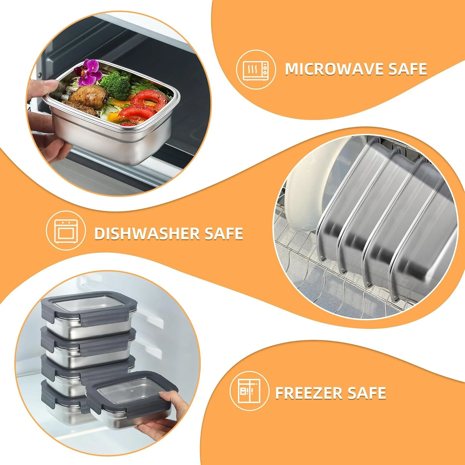 ظرف نگهداری غذا با درب، مستطیلی استیل ضد زنگ، ضد نشت و هوا برای آماده سازی وعده های غذایی در آشپزخانه، قابل استفاده مجدد و چیده شدن در فریزر، یخچال و فر (650 میلی لیتر * 3)