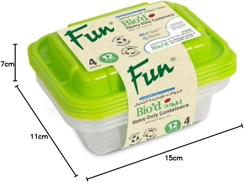 ظرف مستطیلی شفاف تجزیه‌پذیر FUN BY AL BAYADER فن با درب سبز 12oz، قابل استفاده در فریزر، فر و ماشین ظرفشویی، تک قسمتی، ظروف نگهداری غذا (بدون BPA)، جعبه ناهار، قابل استفاده مجدد، یکبار مصرف (بسته 4 عددی)