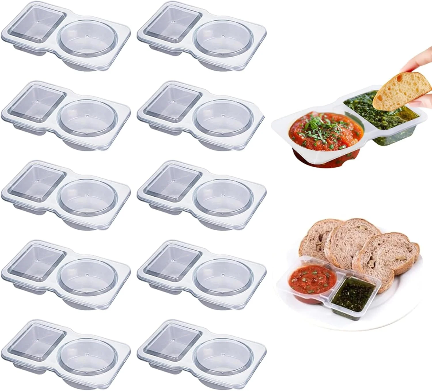 ست 10 عددی ظرف سس دو محفظه ای، قابل حمل، قابل استفاده مجدد با درب برای چاشنی ها و دیپ ها