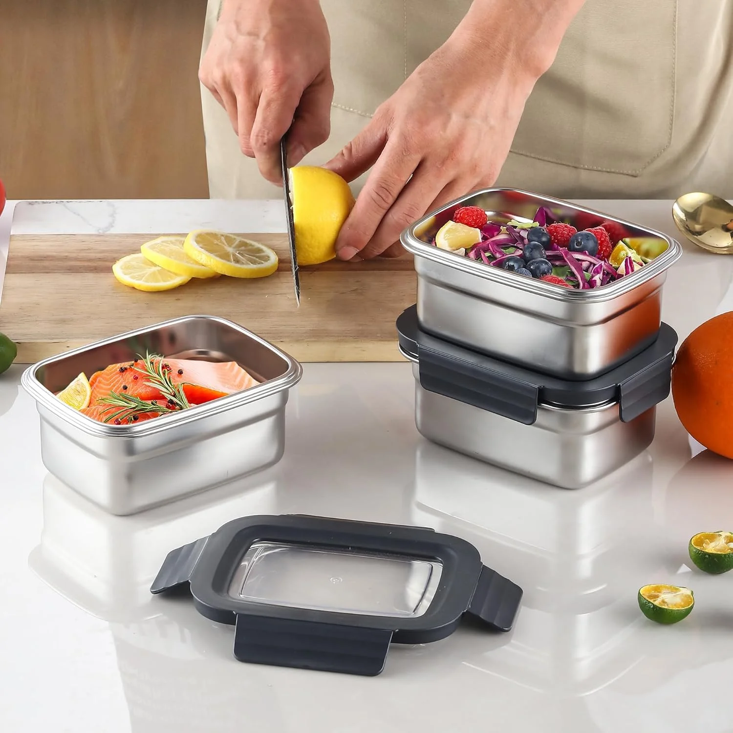 ظرف نگهداری غذا با درب، مستطیلی استیل ضد زنگ، ضد نشت و هوا برای آماده سازی وعده های غذایی در آشپزخانه، قابل استفاده مجدد و چیده شدن در فریزر، یخچال و فر (650 میلی لیتر * 3)