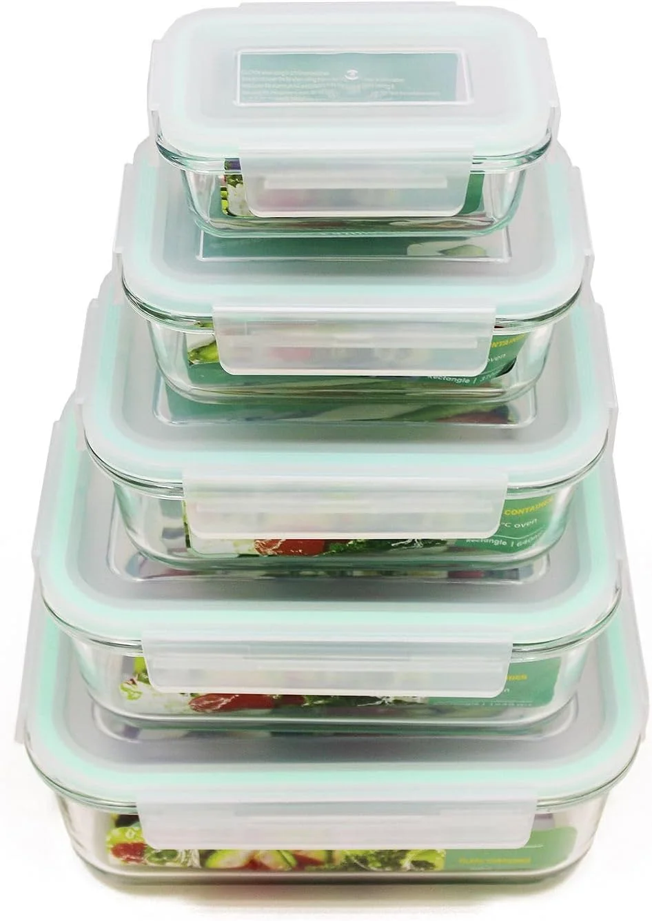 ست ظروف شیشه ای هوشمند خانه، 5 تکه، ظرف غذا با درب محکم برای نگهداری ایمن غذا در فعالیت های غذاخوری در فضای باز و داخل خانه (ست 5 تکه مستطیلی)