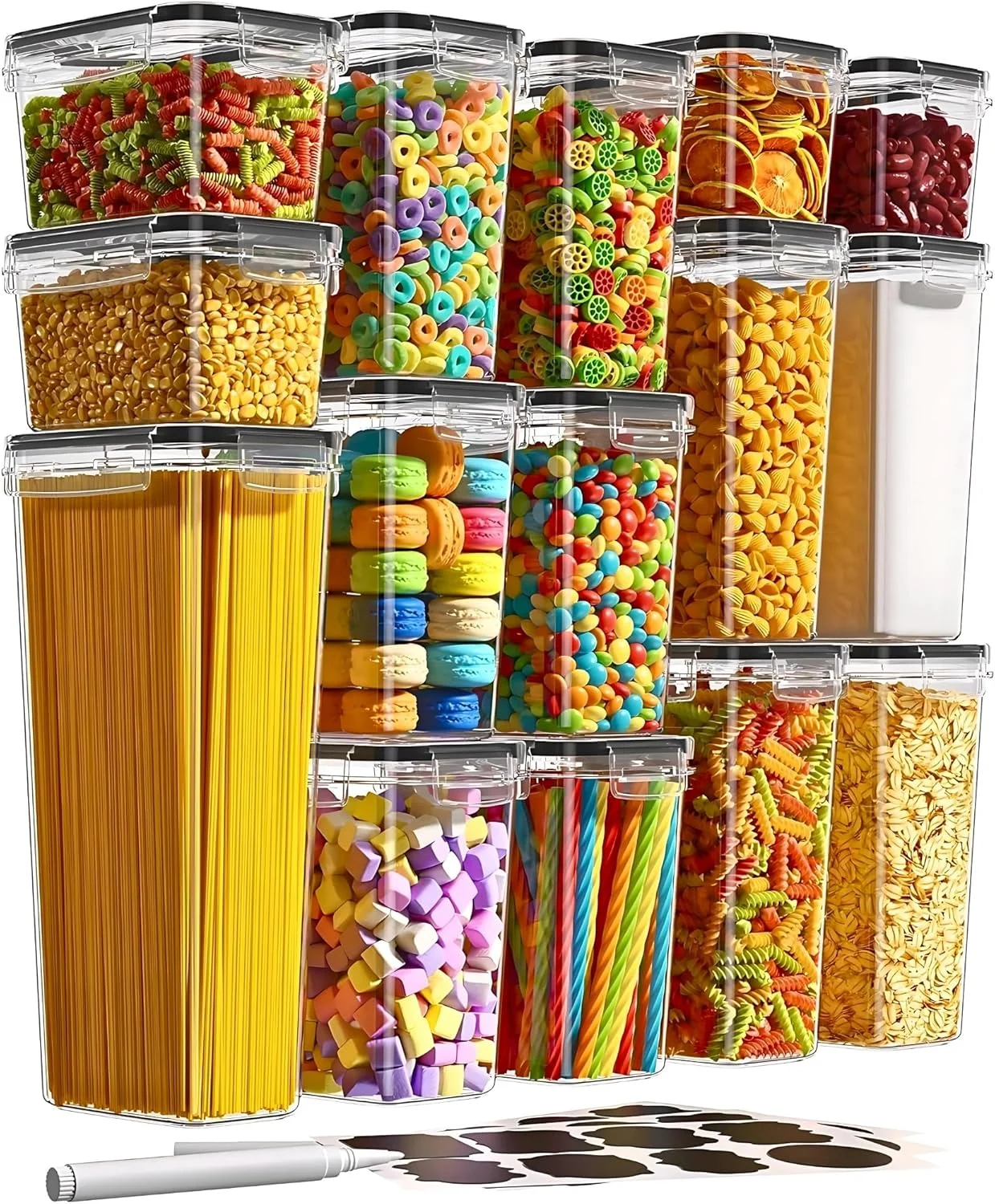 مجموعه 15 عددی ظروف نگهداری مواد غذایی درب دار آرکسا، ظروف پلاستیکی آشپزخانه بدون BPA برای نگهداری غلات، آرد، شکر، پاستا، مواد غذایی خشک - شامل برچسب و ماژیک، حاويات تخزين الطعام