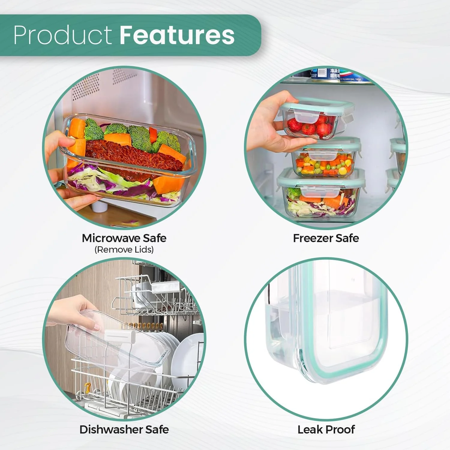 ست ظروف شیشه ای هوشمند خانه، 5 تکه، ظرف غذا با درب محکم برای نگهداری ایمن غذا در فعالیت های غذاخوری در فضای باز و داخل خانه (ست 5 تکه مستطیلی)