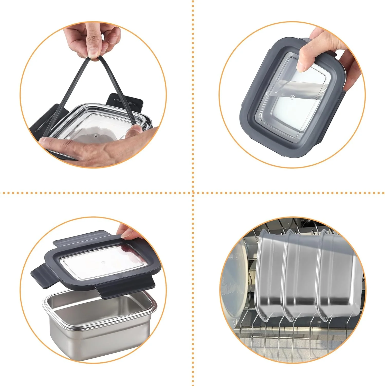 ظرف نگهداری غذا با درب، مستطیلی استیل ضد زنگ، ضد نشت و هوا برای آماده سازی وعده های غذایی در آشپزخانه، قابل استفاده مجدد و چیده شدن در فریزر، یخچال و فر (650 میلی لیتر * 3)