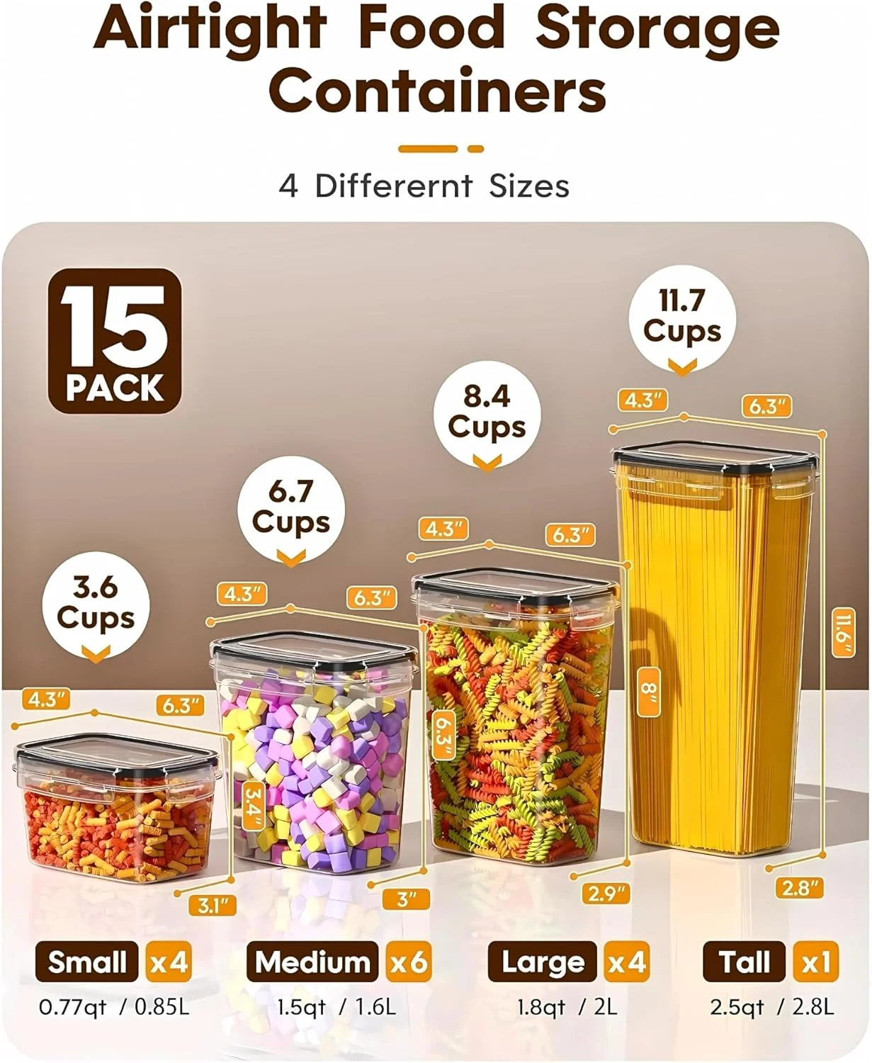 مجموعه 15 عددی ظروف نگهداری مواد غذایی درب دار آرکسا، ظروف پلاستیکی آشپزخانه بدون BPA برای نگهداری غلات، آرد، شکر، پاستا، مواد غذایی خشک - شامل برچسب و ماژیک، حاويات تخزين الطعام