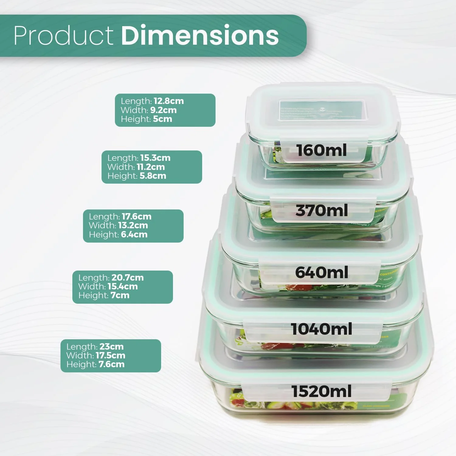ست ظروف شیشه ای هوشمند خانه، 5 تکه، ظرف غذا با درب محکم برای نگهداری ایمن غذا در فعالیت های غذاخوری در فضای باز و داخل خانه (ست 5 تکه مستطیلی)