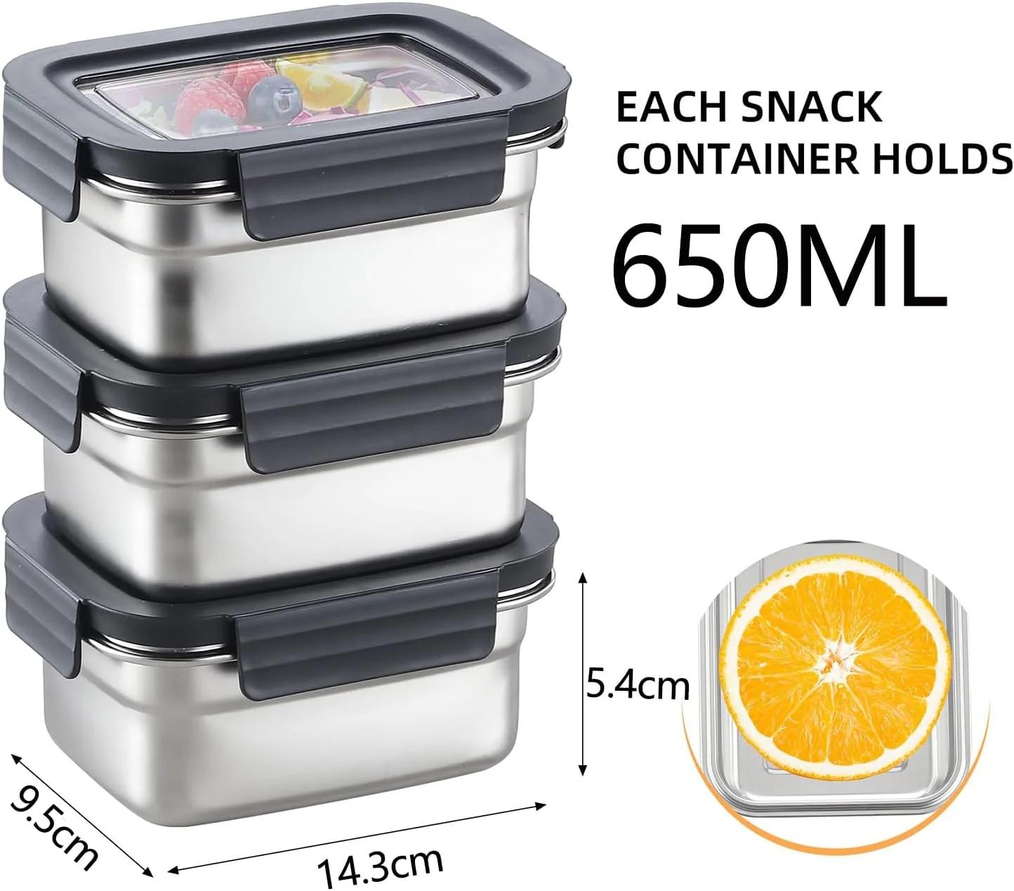 ظرف نگهداری غذا با درب، مستطیلی استیل ضد زنگ، ضد نشت و هوا برای آماده سازی وعده های غذایی در آشپزخانه، قابل استفاده مجدد و چیده شدن در فریزر، یخچال و فر (650 میلی لیتر * 3)