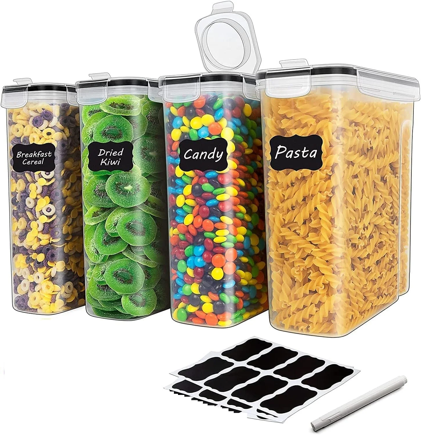 ظروف نگهداری مواد غذایی خشک و غلات MahMir®، پلاستیکی، بدون BPA، هواگیر، قابل چیدن با درب قفل‌دار (4 لیتر / 135 اونس) - ست 4 عددی برای شکر، آرد، تنقلات، لوازم پخت