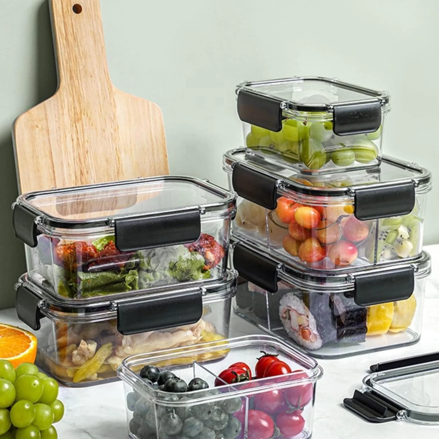 ظروف نگهداری مواد غذایی درب دار با درب های ضد نشت | جعبه های ناهار پلاستیکی بدون BPA | 3 سایز - 2 عدد با محفظه | قابل چیدن، قابل استفاده مجدد