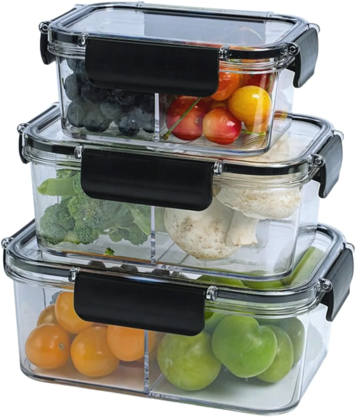 ظروف نگهداری مواد غذایی درب دار با درب های ضد نشت | جعبه های ناهار پلاستیکی بدون BPA | 3 سایز - 2 عدد با محفظه | قابل چیدن، قابل استفاده مجدد
