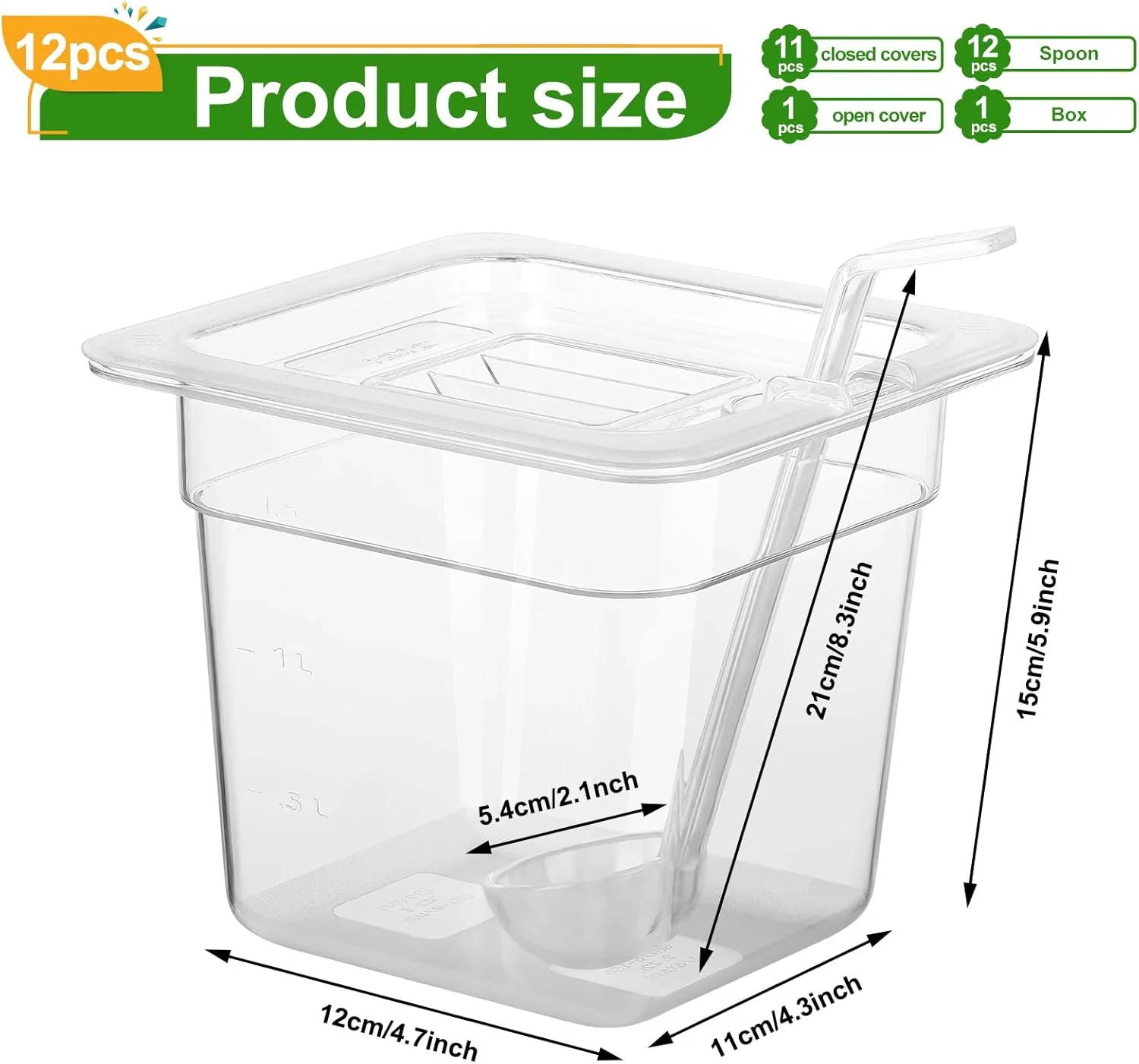ظروف غذای پلاستیکی PYQTH بسته 12 عددی با درب، سایز 1/6 عمق 6 اینچ، ظروف غذای رستورانی، پلی کربنات شفاف قابل انباشت، ظروف هتل تجاری به همراه 1 قاشق پلاستیکی برای میوه ها و سبزیجات