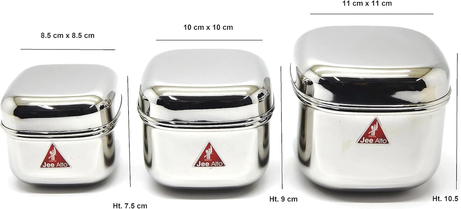ظروف استیل مربع شکل جی آلتو، ظروف نگهداری چند منظوره، ست 3 عددی (300 میلی لیتر، 475 میلی لیتر، 650 میلی لیتر، استیل ضد زنگ) - نقره ای